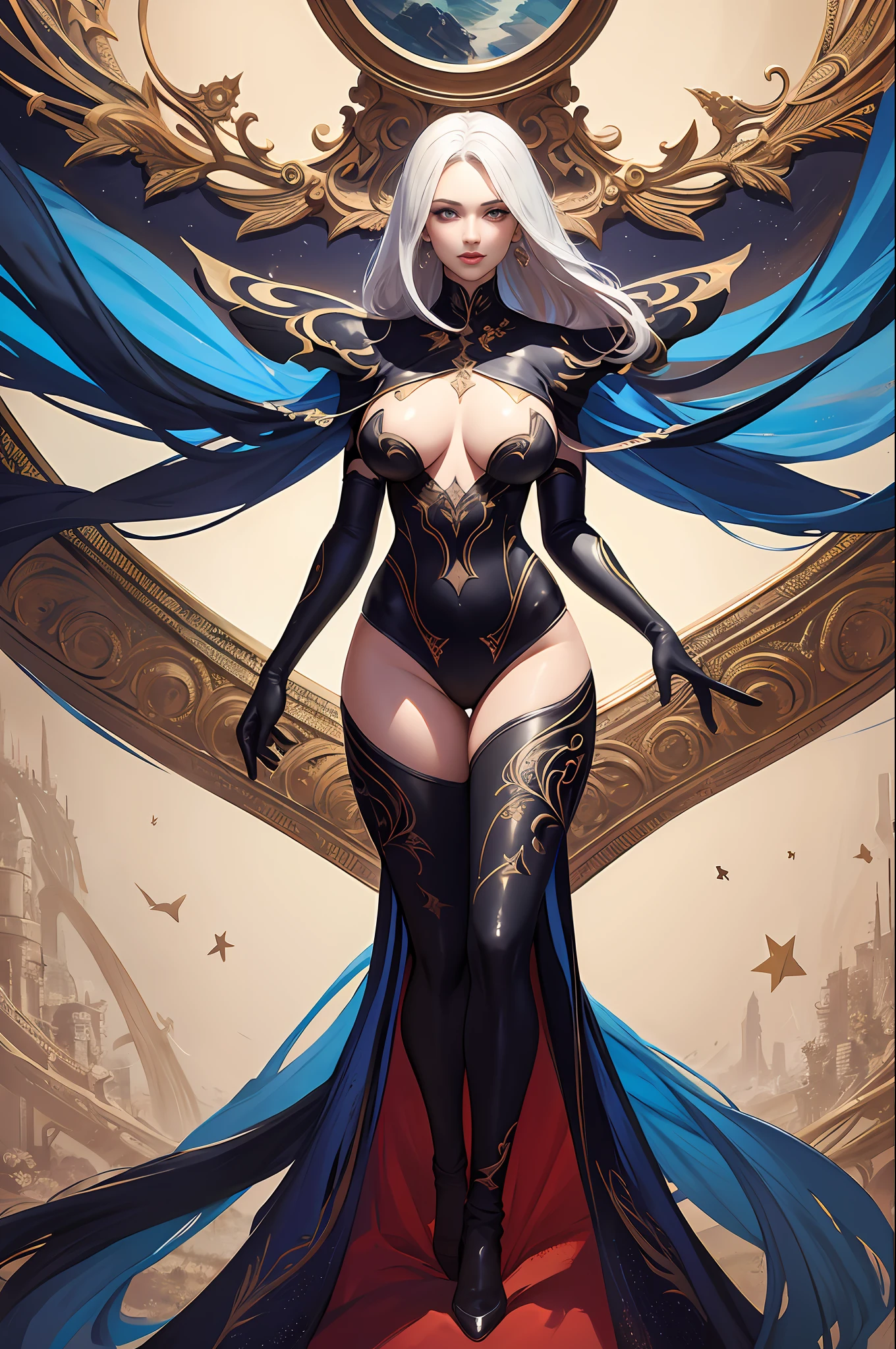 Illustration art, painting art, Whole body movement,Full body like, Sexy woman in sexy clothes, Noble woman,Fantasy art, Very cool facial expression, Gorgeous background, Great erotic art, painting art, Sexy art, Detailed body part details, frontage, Lateral face, on back, Inspired by J.c.Ryan Decker, Epic European and American illustrations, Tall, The whole body is evenly sexy