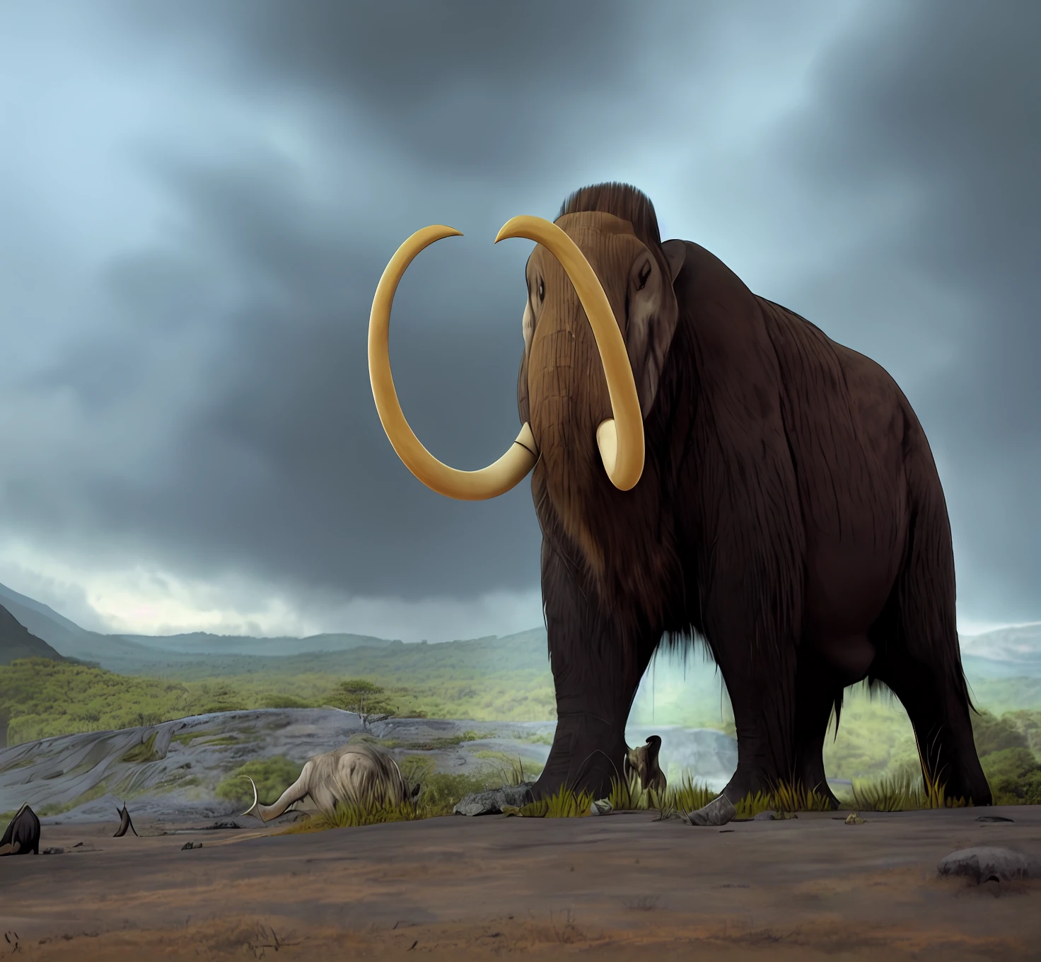 Araffe standing in a forestwith an overcast sky in the background, mamute, fotografia realista paleoart, Mamute dourado , Megafauna, presas enormes, extinct species, paleoarte realista, pre - historic, Image credit: nat geo, Presas, era glacial, uma foto de um elefante, prehistory, mastodonte, prehistoric