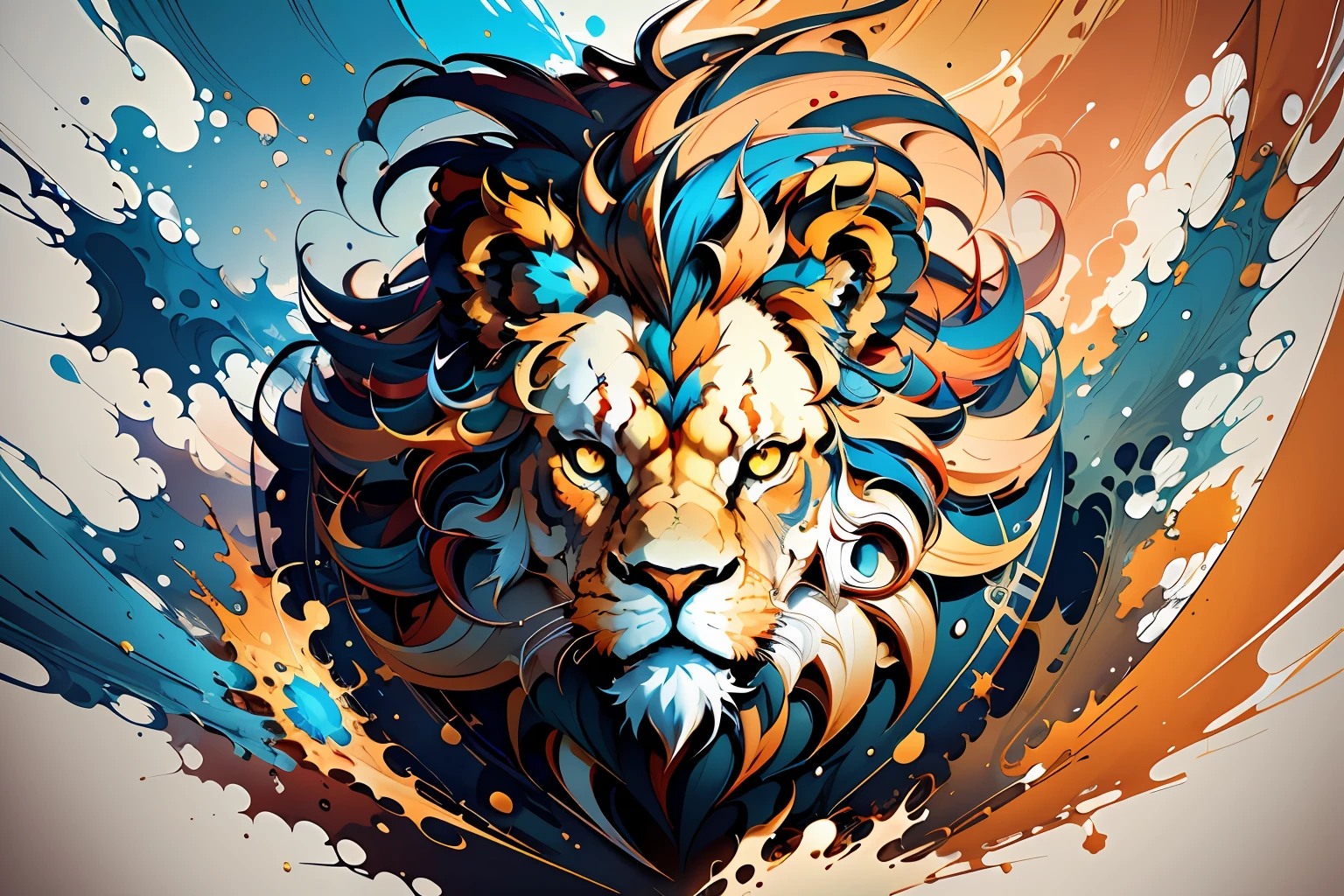 distorted art of the face of an angry cartoon lion of vibrant colors in the form of a futuristic shield with TECHNIQUE brush and splash effects