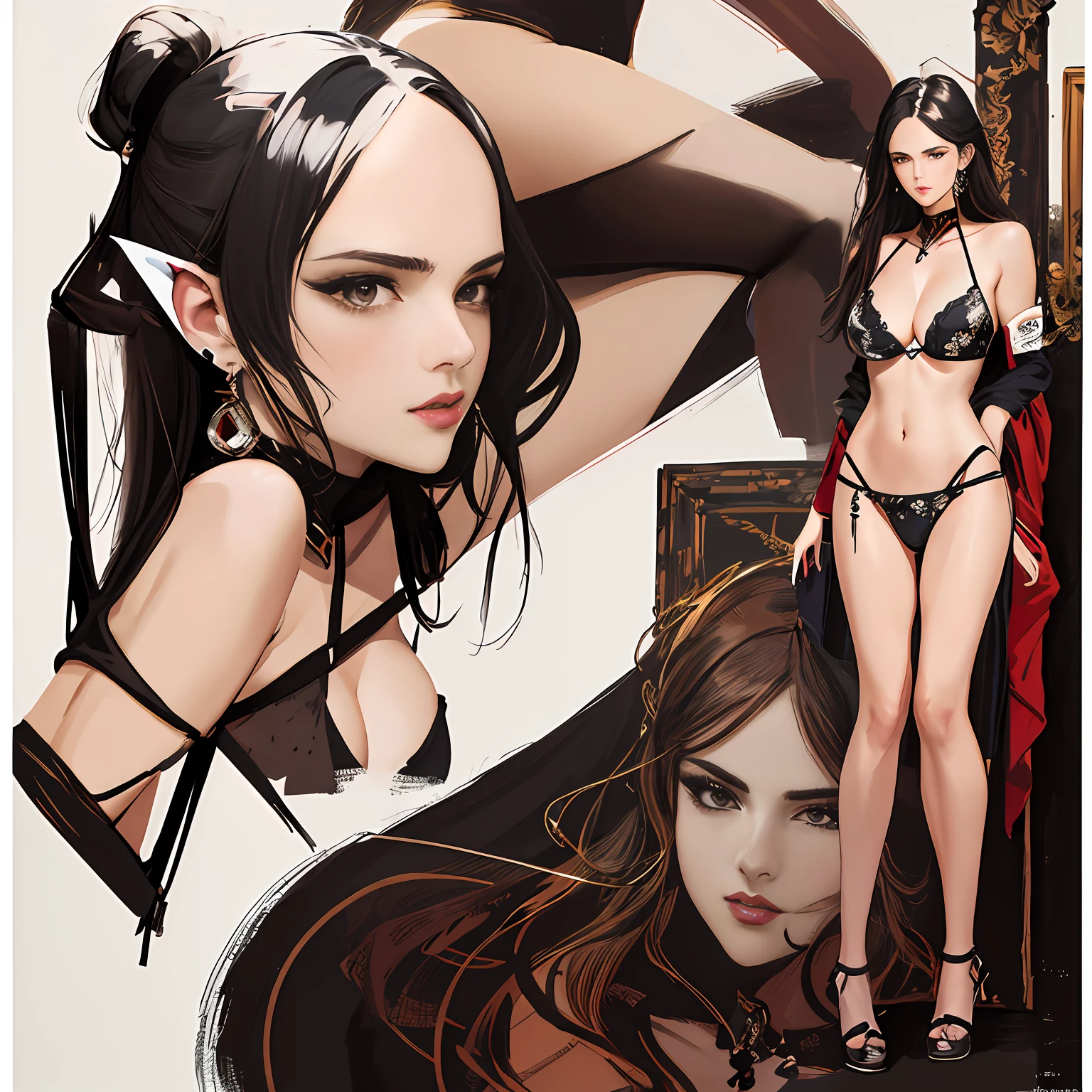 Illustration art, painting art, Whole body movement, Sexy woman in sexy clothes, Soprano Woman, Very cool facial expression, Gorgeous background, Great erotic art, painting art, Sexy art, Detailed body part details, frontage, Lateral face, on  back, Inspired by J.c.Ryan Decker, Epic European and American illustrations, Tall, The whole body is evenly sexy