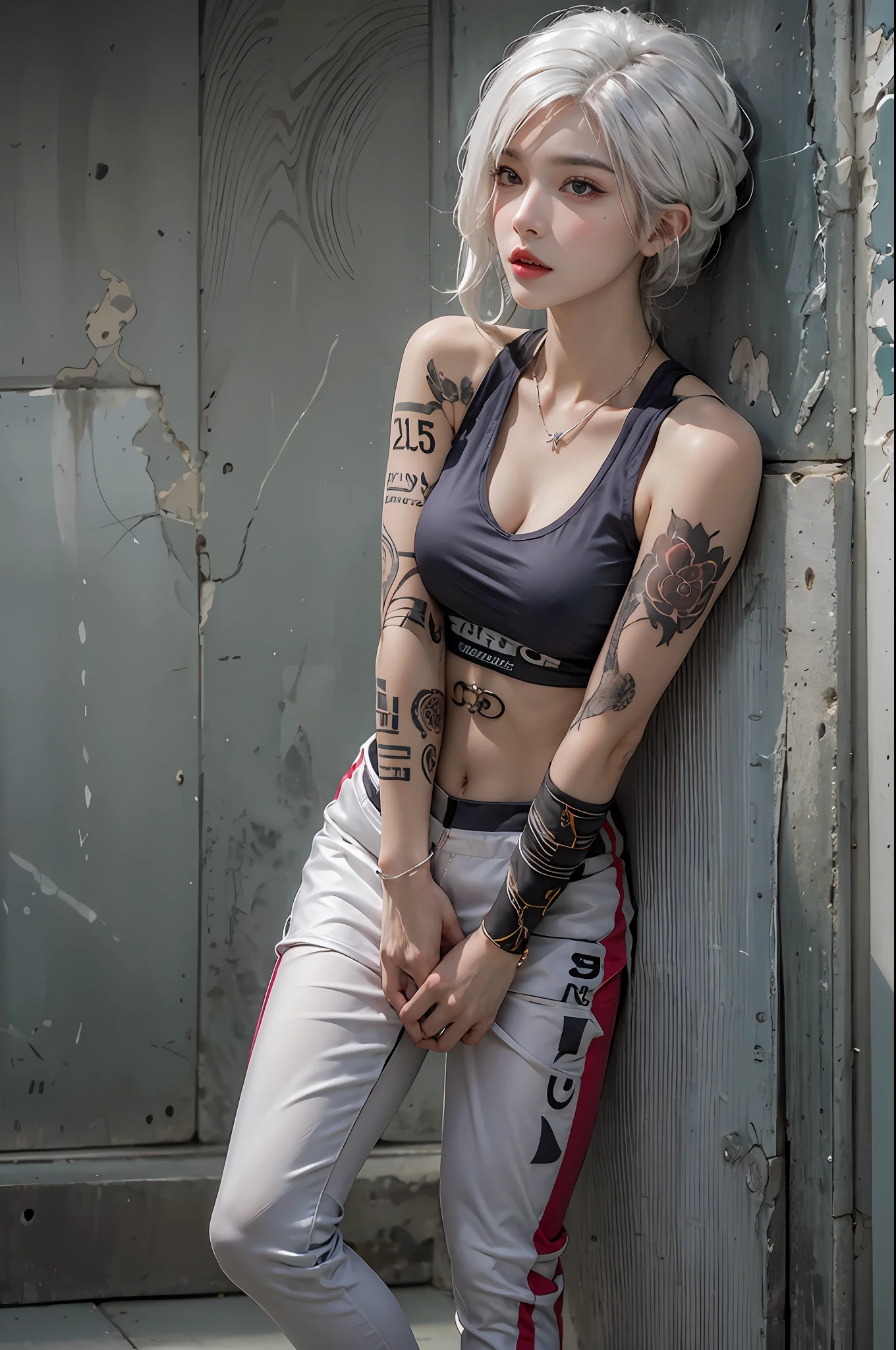 photorealistic, high resolution, 1women, solo, hips up, look at viewer, (detailed face), white hair, sport wear, tattoo, jewelry