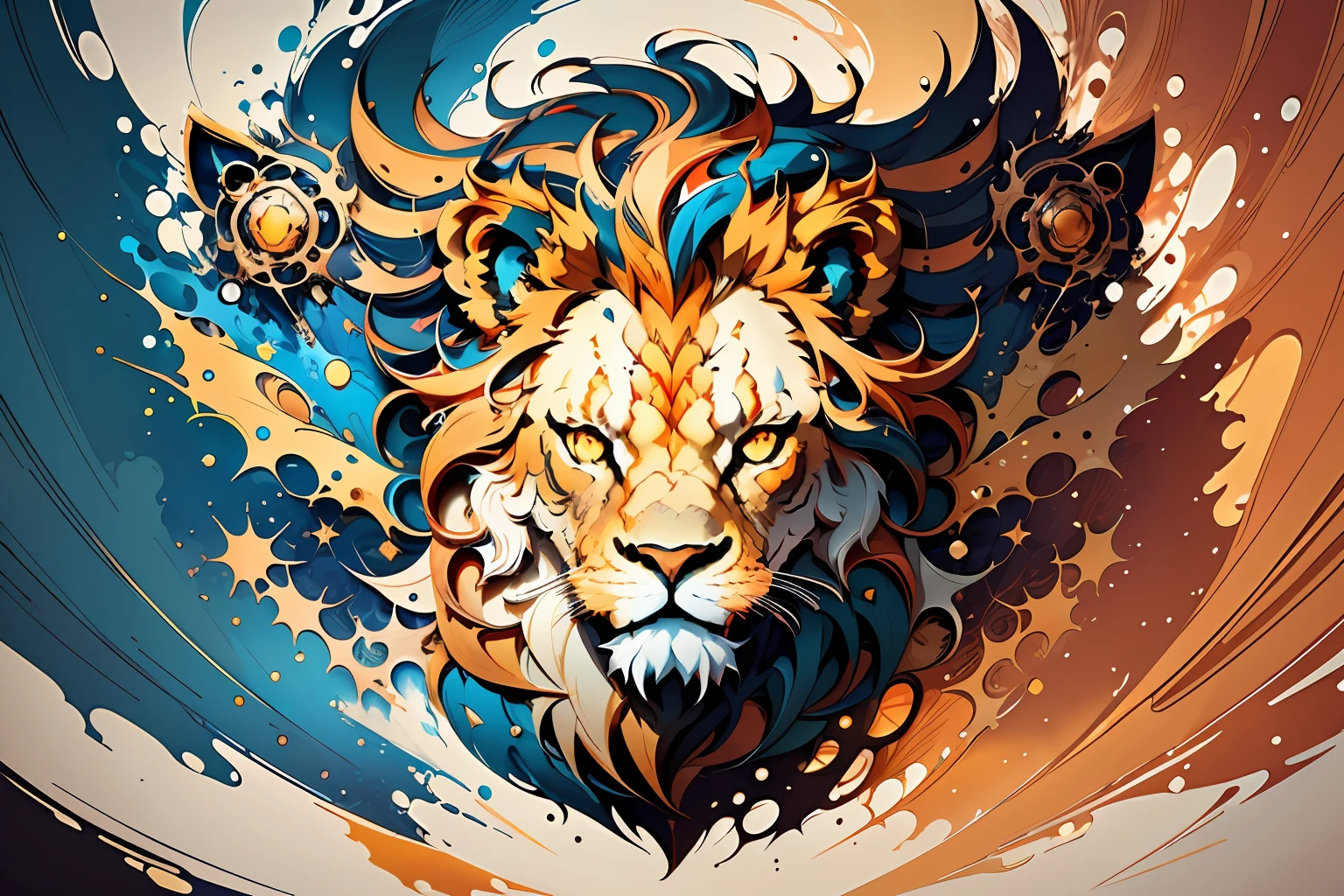 distorted art of the face of an angry cartoon lion of vibrant colors in the form of a futuristic shield with TECHNIQUE brush and splash effects