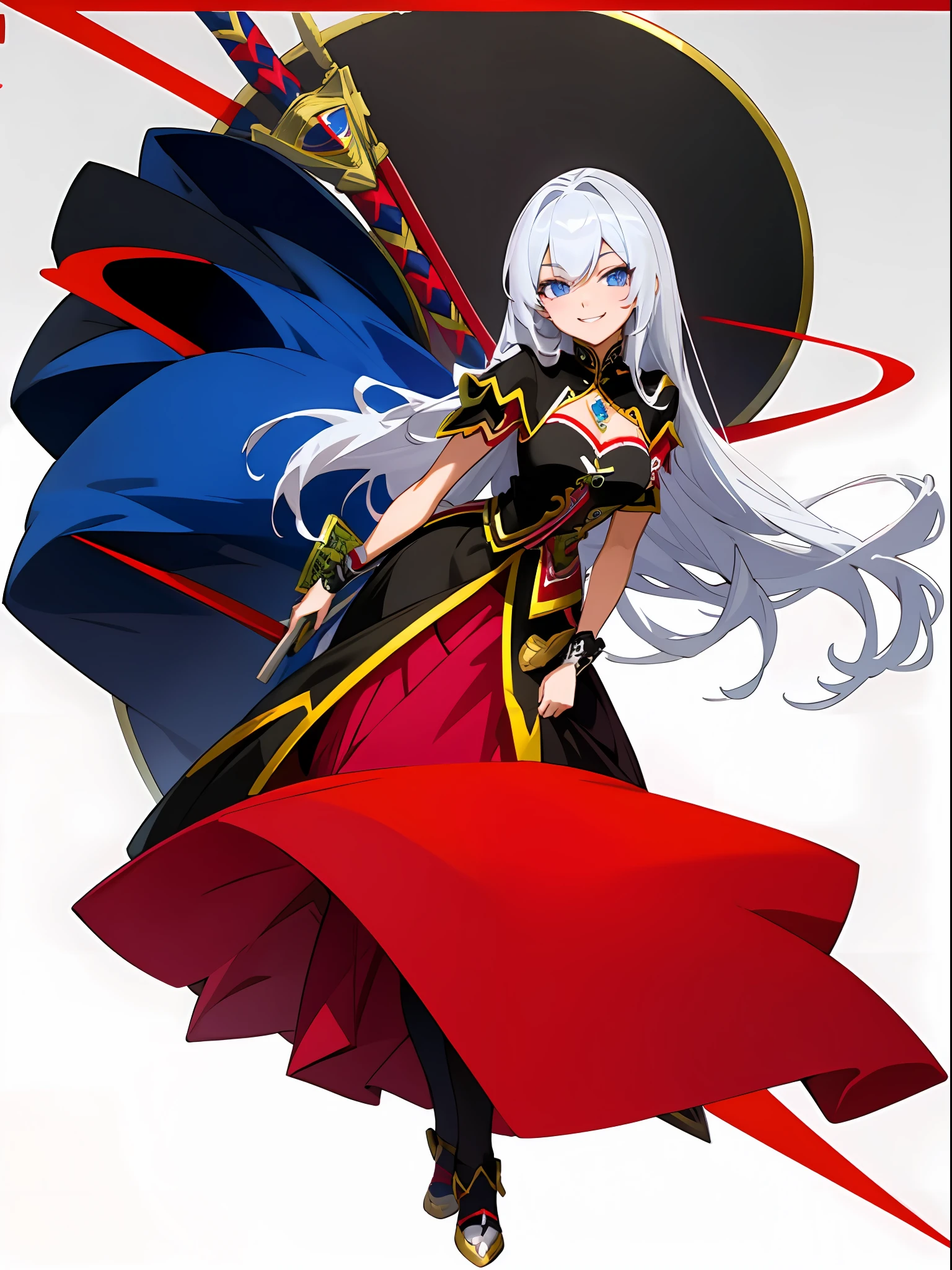 mischievous expression,Grin,Cute royal sister,Slightly curved transversely,The sides are slightly inclined,Slight close-up of the face, anime woman fullbody art, Wearing Gorgeous Costume, Anime figure; Full-body art,White hair