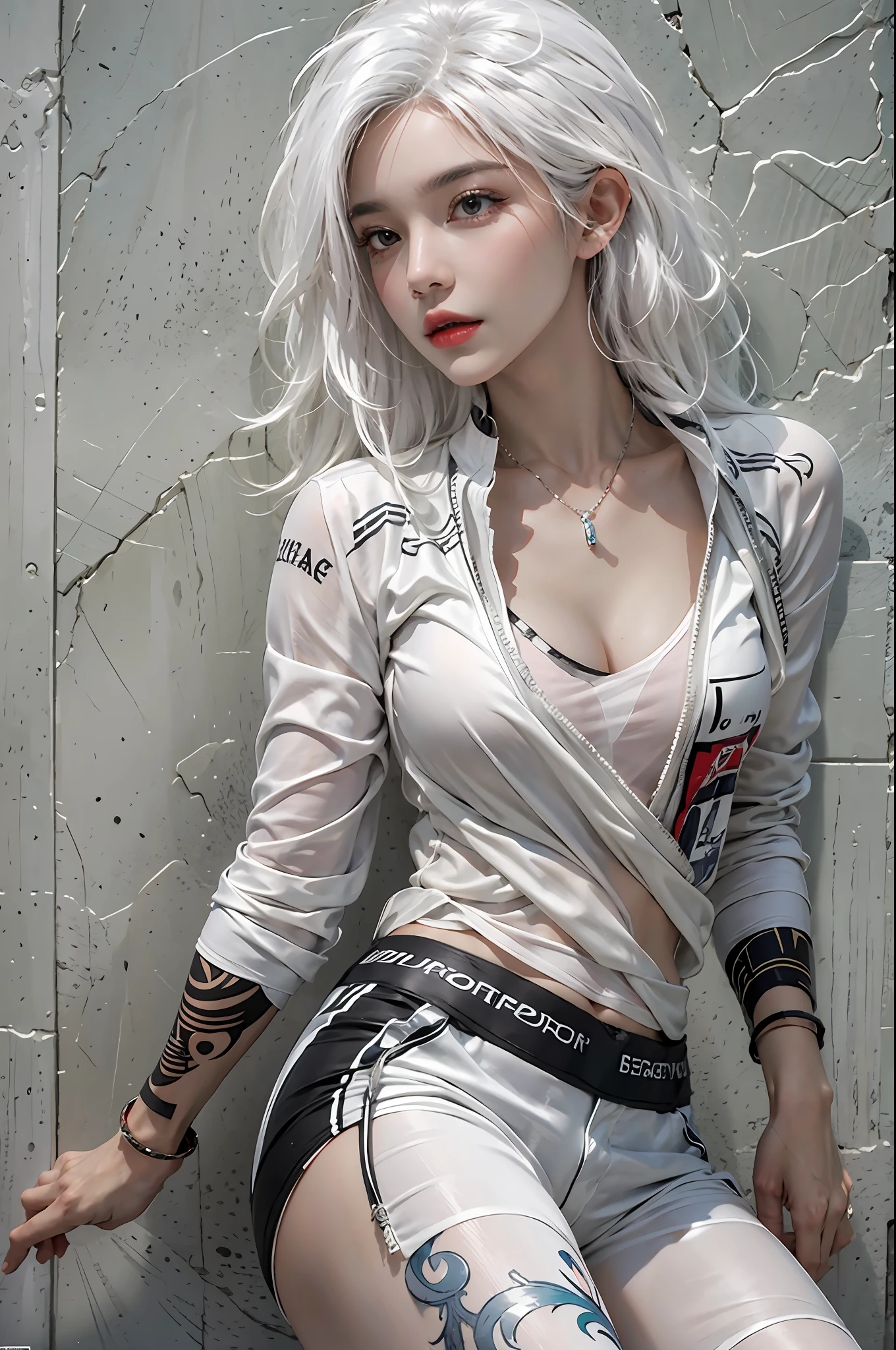 photorealistic, high resolution, 1women, solo, hips up, look at viewer, (detailed face), white hair, sport wear, tattoo, jewelry