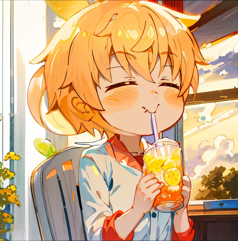 Anime boy drinking drink with straw in hand, anime moe art style, 2 d anime style, inspired by Kun Can, Official artwork, laughingly,anime visual, 🍸🍋, senko-san, with a straw, ayanami, in an anime style
