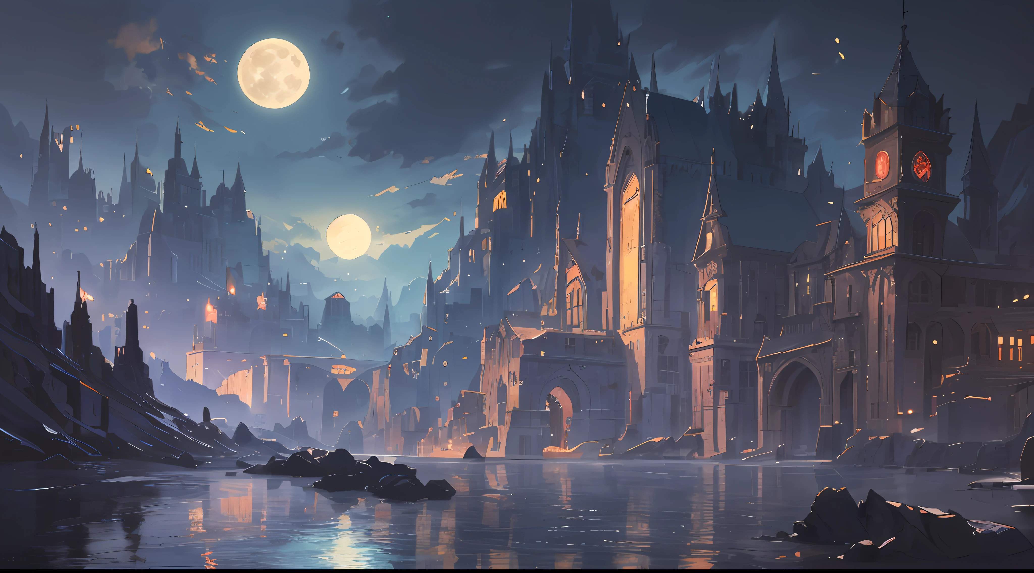 a painting of a river with a full moon in the background, digital art inspired by Andreas Rocha, pixiv contest winner, fantasy art, magical landscape, magical environment, beautiful anime scenery, detailed dreamscape, beautiful anime scene, night scenery, magical dream-like atmosphere, moonlit starry sky environment, anime landscape wallpaper, anime background art, painting of a dreamscape, Surrealism, high detail, from below, from below, Hyperrealism, Impressionism, anime, UHD, award winning, 4K, anatomically correct, super detail, best quality, highres, high quality, masterpiece