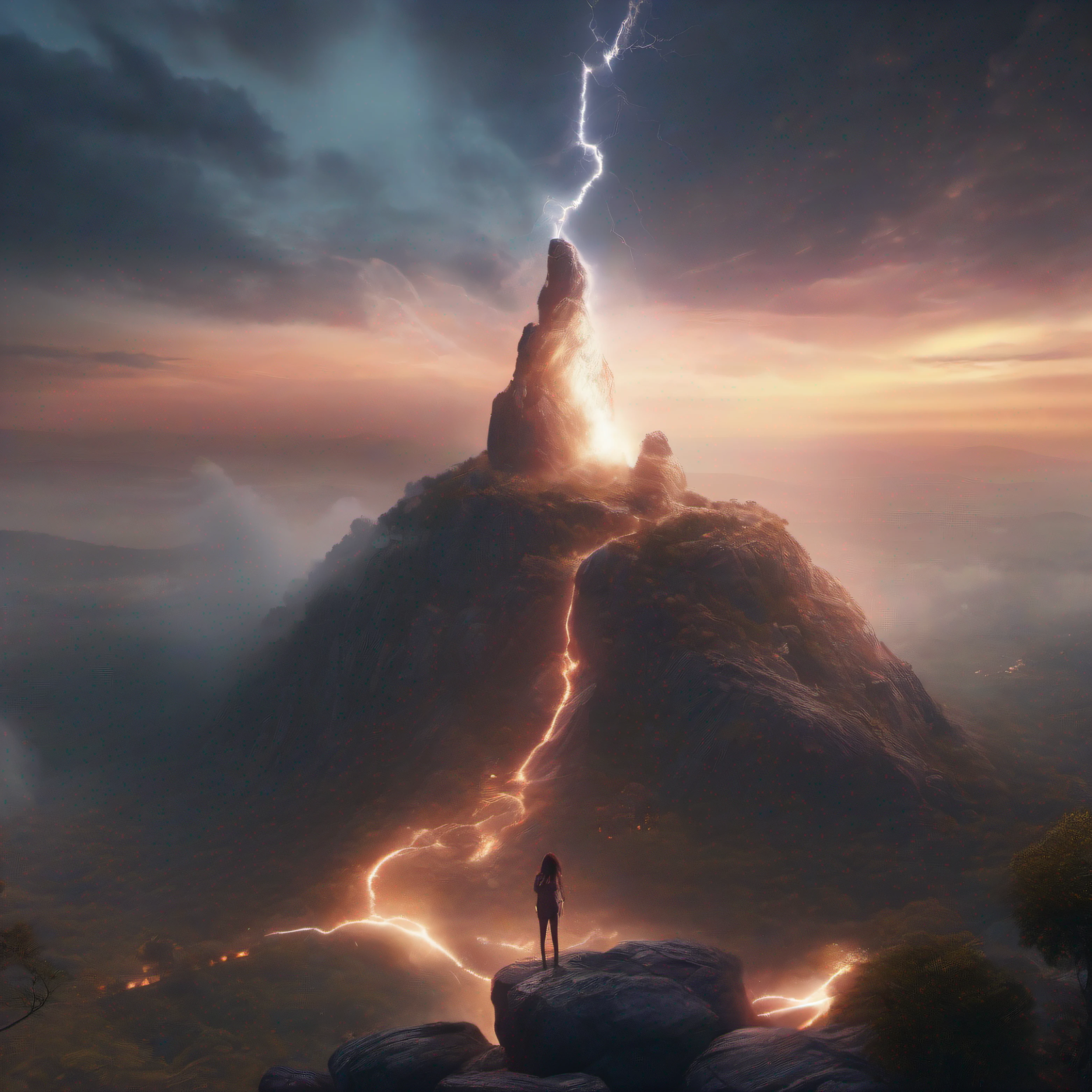 Mulher, fisiculturista, correndo, no fundo uma cidade, in the sky a rocky object with smoke and cosmic lights, lightning in the sky, ultra detalhes, ultra realista, cinemactic, octane render, 16k
