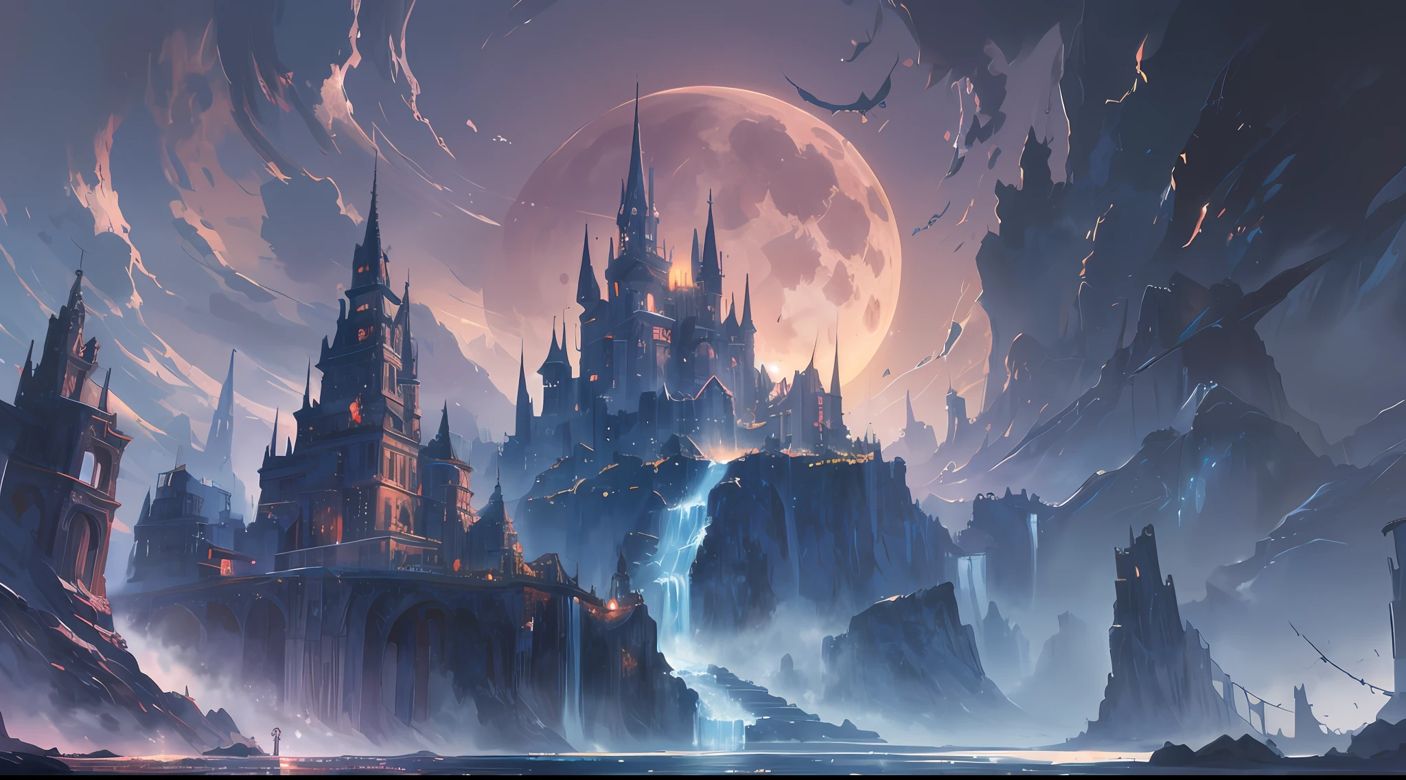 a painting of a river with a full moon in the background, digital art inspired by Andreas Rocha, pixiv contest winner, fantasy art, magical landscape, magical environment, beautiful anime scenery, detailed dreamscape, beautiful anime scene, night scenery, magical dream-like atmosphere, moonlit starry sky environment, anime landscape wallpaper, anime background art, painting of a dreamscape, Surrealism, high detail, from below, from below, Hyperrealism, Impressionism, anime, UHD, award winning, 4K, anatomically correct, super detail, best quality, highres, high quality, masterpiece
