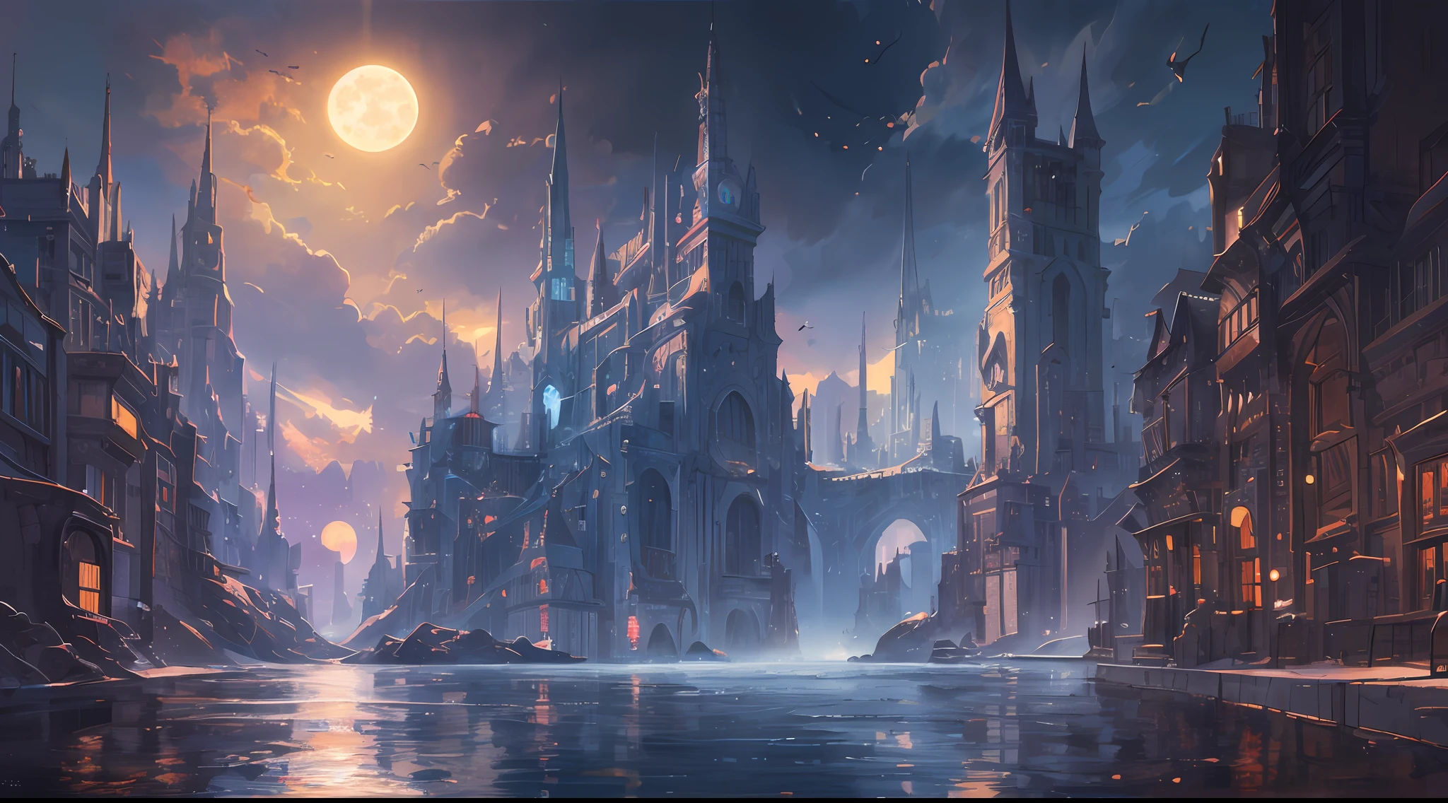 a painting of a river with a full moon in the background, digital art inspired by Andreas Rocha, pixiv contest winner, fantasy art, magical landscape, magical environment, beautiful anime scenery, detailed dreamscape, beautiful anime scene, night scenery, magical dream-like atmosphere, moonlit starry sky environment, anime landscape wallpaper, anime background art, painting of a dreamscape, Surrealism, high detail, from below, from below, Hyperrealism, Impressionism, anime, UHD, award winning, 4K, anatomically correct, super detail, best quality, highres, high quality, masterpiece