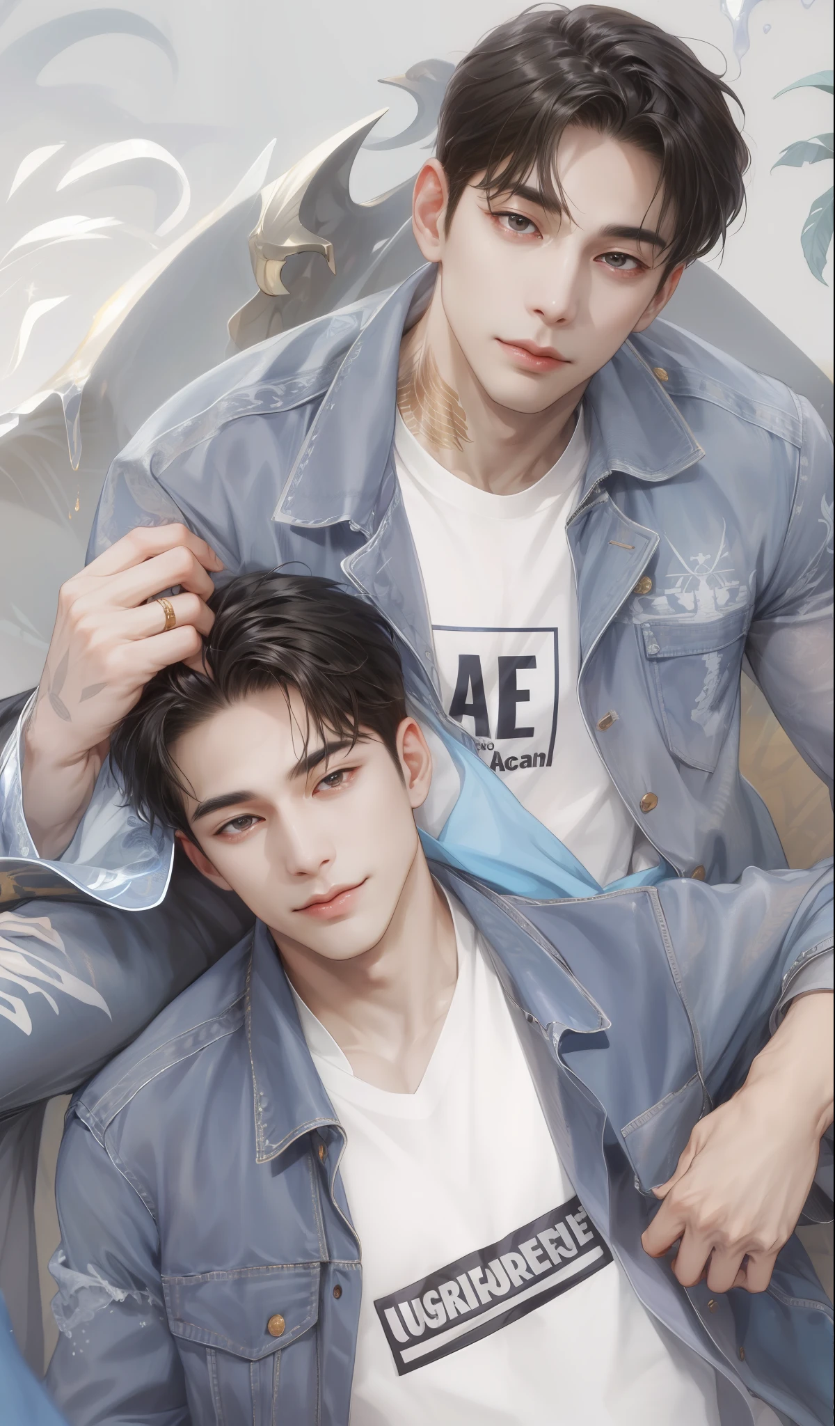 (absurdres, highres, ultra detailed), 1man hug 1man, (((multiple boys))), mature, love, hug, upper body, gold and black hair, brown open eyes 1 man has a tattoo on neck