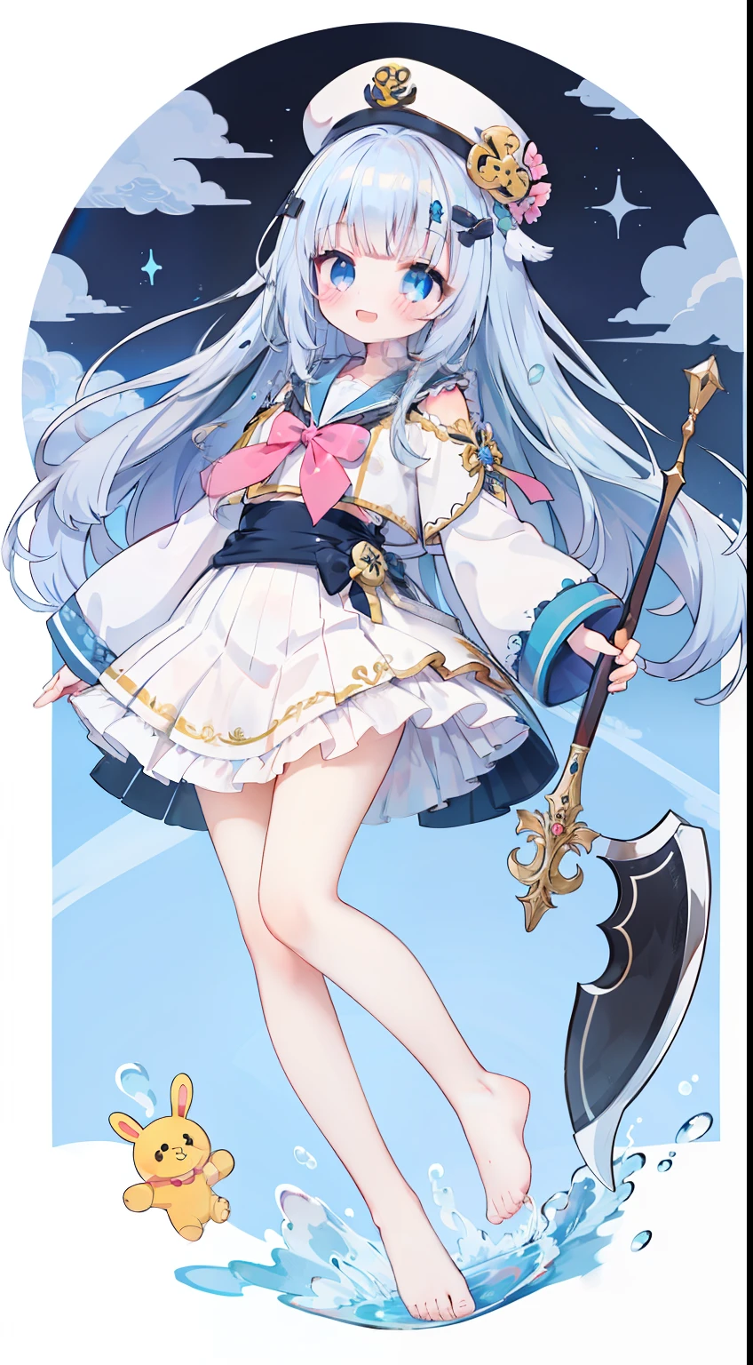 Standing picture、full body Esbian、onepiece、Floral hair ornament、One girl、silber hair、long、blue eyess、A smile、masterpiece、Top image quality、Laugh、Long-sleeved sailor suit、axe