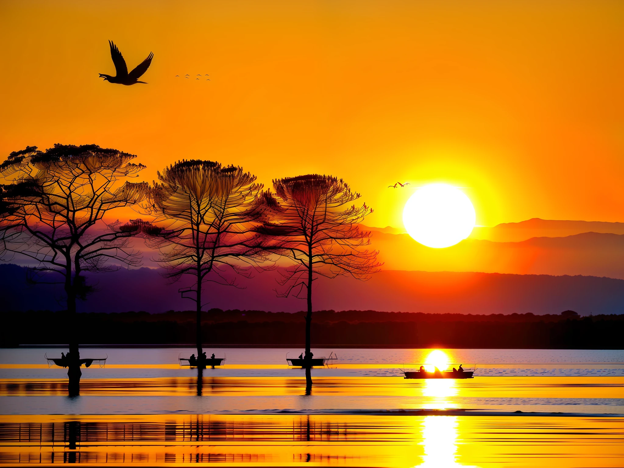 Arafede birds fly over the lake at sunset，The background is the sun, flying through sunset, very beautiful photograph of, bird flying out of water, In the sunset, at a beautiful sunset, amazing shot, Beautiful sunset, Beautiful photo, flying around the bird, beautiful and spectacular dusk, in a golden sunset sky, Sun sunset, silhouette over sunset, Beautiful nature