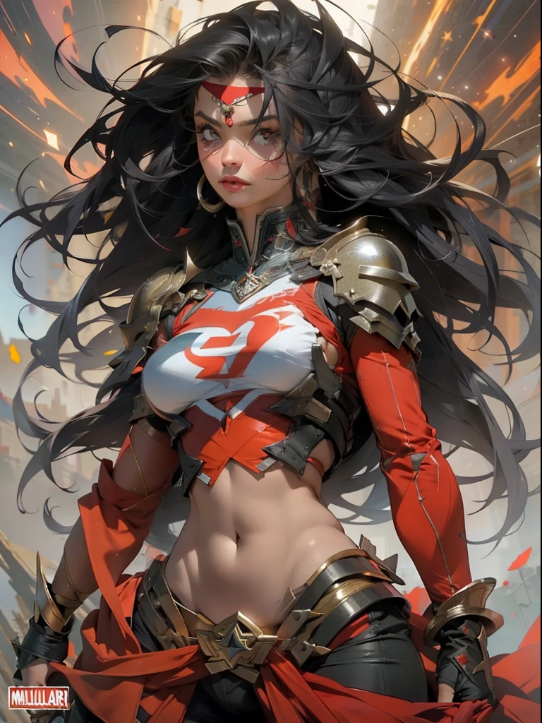(((mulher))), (((melhor qualidade))), (((obra prima))), (((adulta))), Uma guerreira mulher de 35 anos com corpo perfeito, She-Lobo, (( under boobs )), quase nua no estilo selvagem urbano de Simon Bisley para a capa da revista Heavy Metal, cabelo loiro, Minimum clothing, armadura (vermelho escuro com estrelas brancas), cheio de pontas e rebites manchadas de tinta, tatuagem de estrelas de 5 pontas, (((corpo inteiro))), cabelo preto curto com franja branca cobrindo a testa