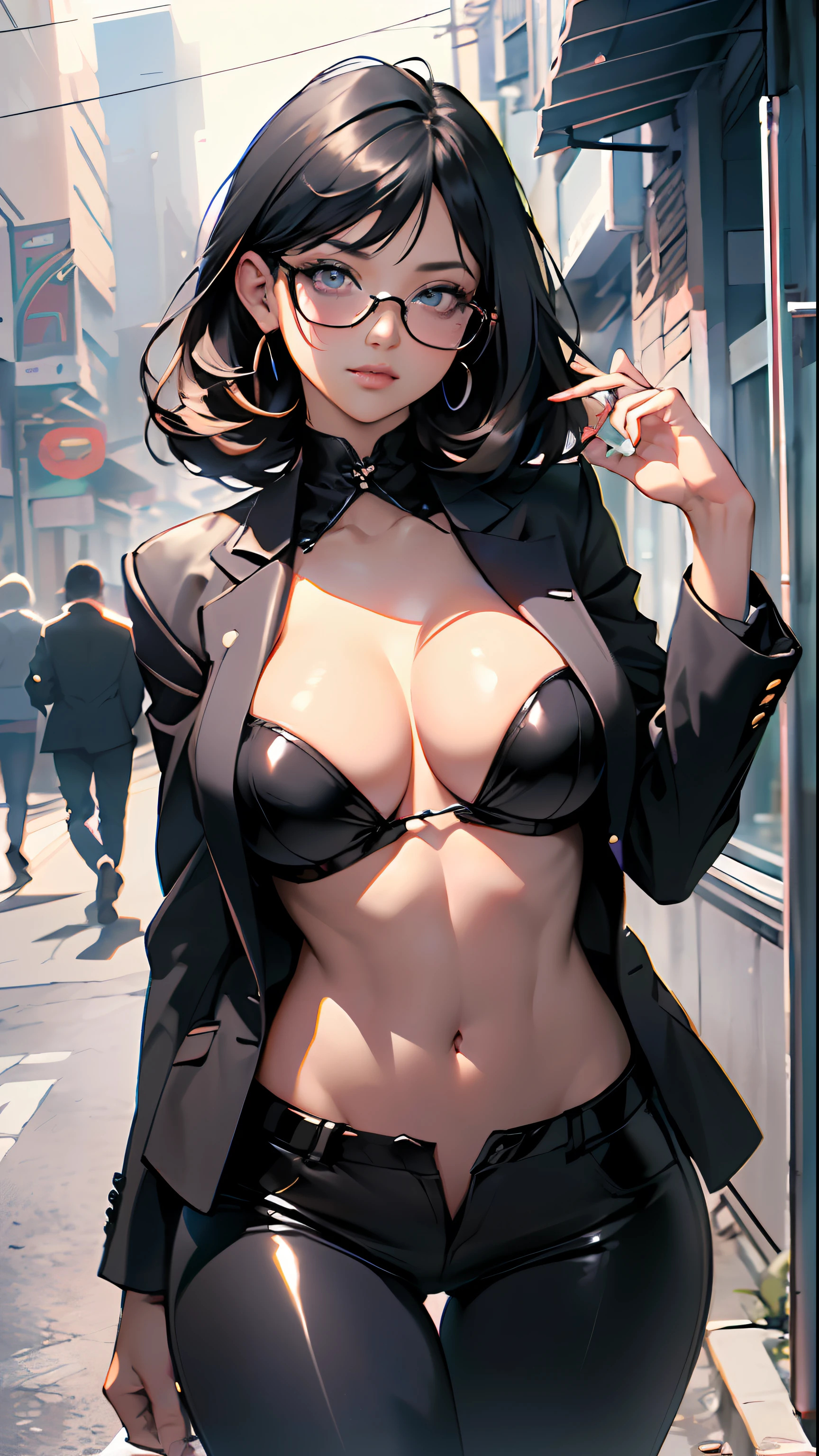 cute girl,(((1girl))),((anime girl with extremely cute and beautiful black hair walking seductively down the street)),
(Large breasts:1.4),(((black hair:1.35,colored inner hair,ear breathing,large hair,tomboy haircut))),((green eyes,perfect eyes,upturned eyes:1.3,beautiful detailed eyes,finely detailed beautiful eyes:1,big highlight on eyes:1.2,slanted eyes)),((fat)),((lustrous skin:1.5,bright skin: 1.5,skin tanned,shiny skin,very shiny skin,shiny body,plastic glitter skin,exaggerated shiny skin))),(spider lower abdomen,narrow waist,wide hip,athletic body,inflated legs,delicate detailed fingers,detailed body,detailed arms,human hands(detailed face)),
cute,slutty,seductive,erotic,(((nsfw))),
((((glasses)))),(((wearing white formal blazer,black formal pants,))),(((huge cleavage))),(detailed outfit,detailed clothes),
(dynamic pose:1.0),solo focus,embarrassed,centered,scale to fit dimensions,Rule of thirds,
outdoors,((night view)),(cyberpunk night street Background: 1.5,dark sky,alleyway,lonely alley,thick clouds,detailed background:1.25),
(best quality),(high resolution),(sharp focus),(ultra detailed),(extremely detailed),(extremely high quality artwork),8k_wallpaper,(extremely detailed CG 8k),(very fine 8K CG),((hyper super ultra detailed perfect piece)),flawless,(((masterpiece))),illustration,vibrant colors,(intricate),High contrast,Selective lighting,Double exposure,HDR (High Dynamic Range),Post-processing,Background blur,