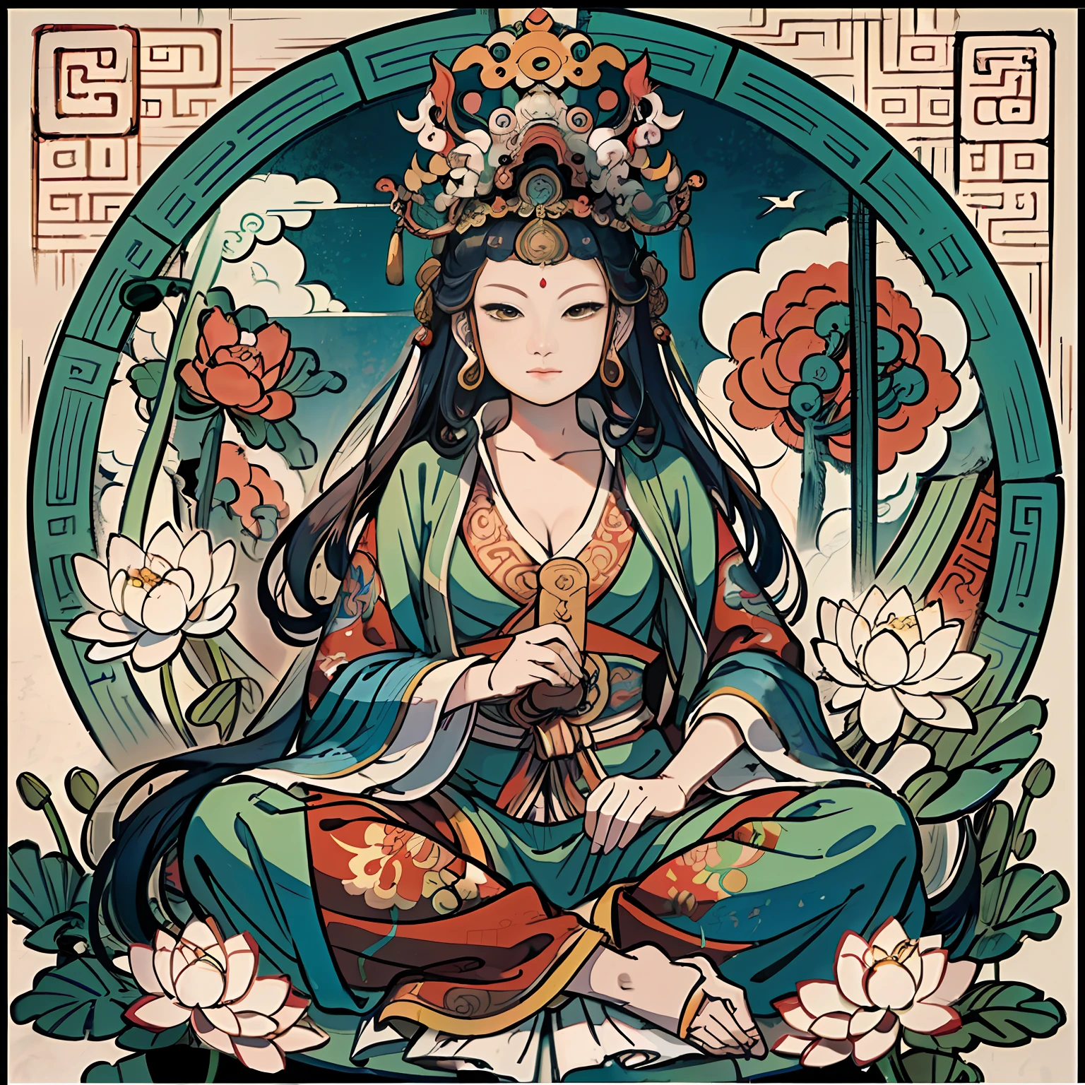 an ancient Chinese goddess, guanyin of the southern seas, Guanyin, Inspired by India, Avalokiteshvara rides a lion,,Serene expression,shui mo hua,Buddha,Buddhist,Lotus,Chinese painting style,Thangka style