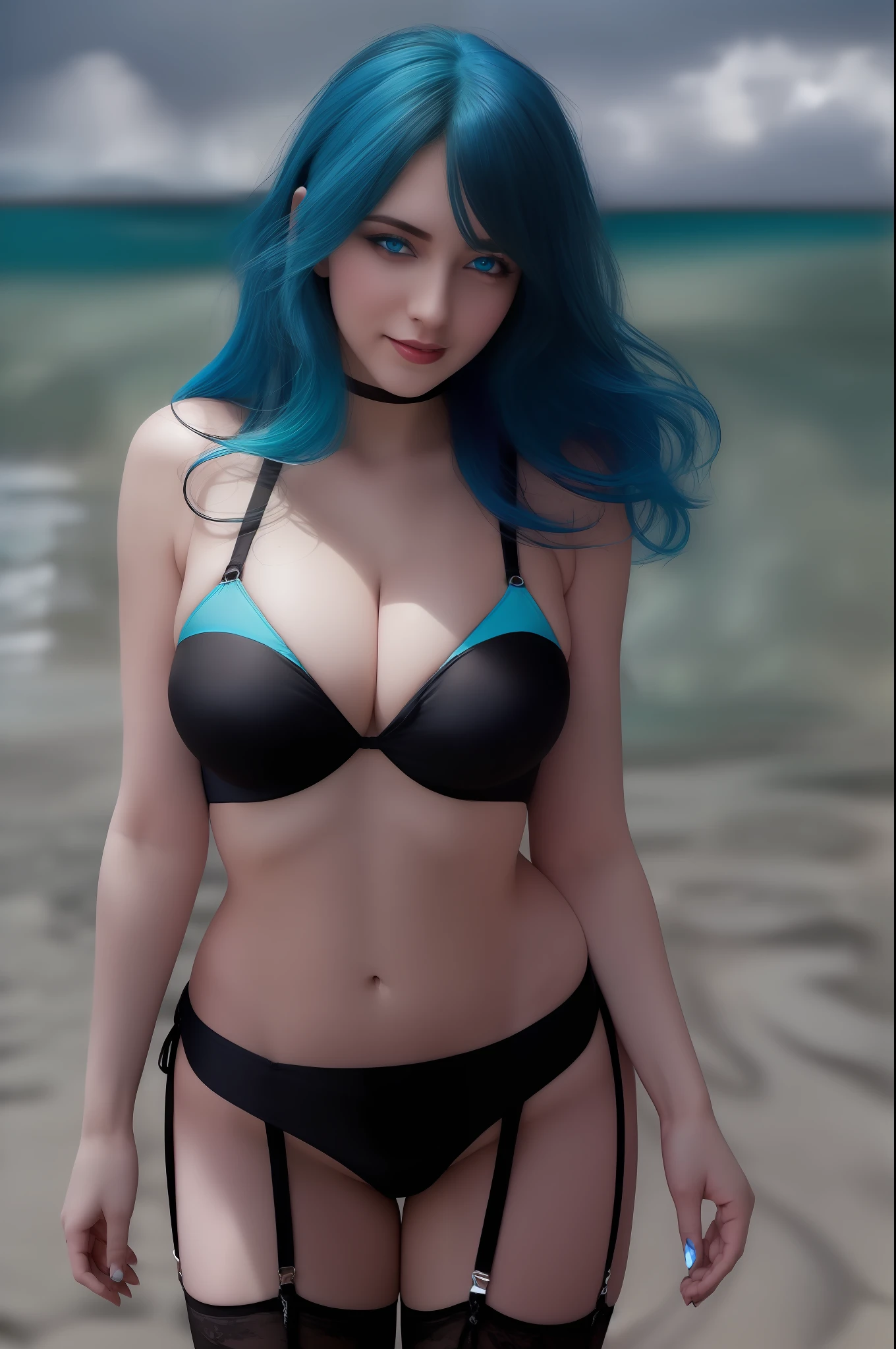 (rear view:1.3) (spoiled:1),(beady big shining blue eyes:1.3), ( black bikini:1.5),(drooping eyes:1.4), (beautiful beach:1.9), (thin lips:1.5),(big breasts:1.5),round face,(innocent:1.5),(blue hair:1.5), (looking at viewer:1),(smiling:1.3),(happy:1.2),lovely,( black garter belt:1.5),(1girl),(open mouth:1.4),(delicate touch),(8k),(4k),(absurdres),perfect lighting,charming,realistic, (sexy pose:1.2), alluring, clean, beautiful face, pure face,pale skin,wet, sweat, Occidental face