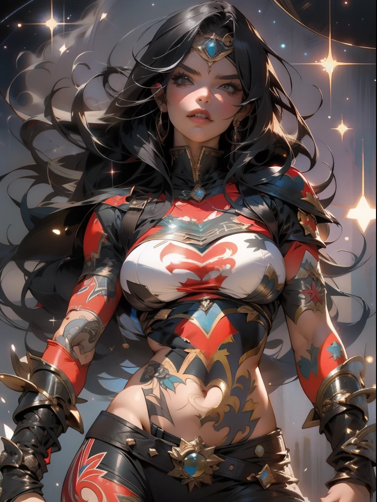 (((mulher))), (((melhor qualidade))), (((obra prima))), (((adulta))), Uma guerreira mulher de 35 anos com corpo perfeito, She-Lobo, (( under boobs )), quase nua no estilo selvagem urbano de Simon Bisley para a capa da revista Heavy Metal, cabelo loiro, Minimum clothing, armadura (vermelho escuro com estrelas brancas), cheio de pontas e rebites manchadas de tinta, tatuagem de estrelas de 5 pontas, (((corpo inteiro))), cabelo preto curto com franja branca cobrindo a testa