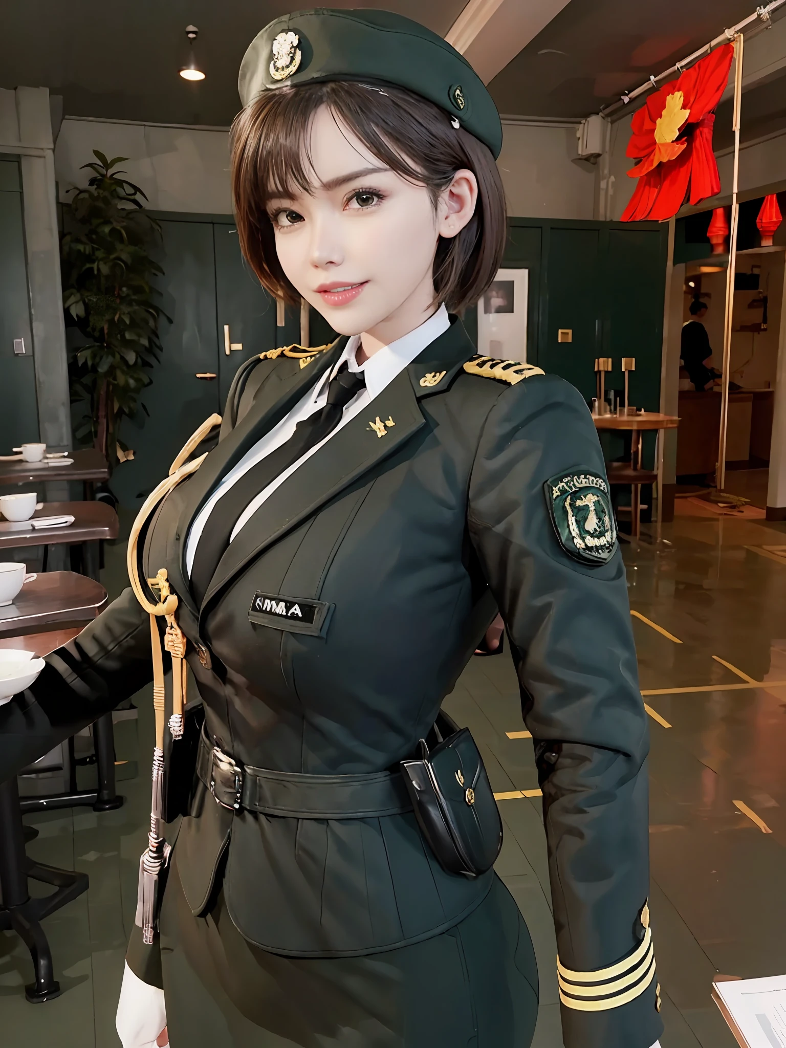 Very detailed CG unity 8K wallpaper，（tmasterpiece），（best qualtiy），（ultra - detailed），（Ultra photo realsisim），（best character detail：1.36），Nikon D750 f / 1.4 55mm，profesional lighting， physically-based renderingt, 1girll, Female soldier，army suit，Green military uniform，Fabric texture military uniform，Pure white lining，Dark green tie，bucket-hat，Black hair，the golden ratio,[:(com rosto detalhado:1.2):0.2]:,PureErosFace_V1, broad shoulder,(Bigchest:1.5),(big assa:1.5)，Soaked with sweat，Place your hands on your chest，red flags，At the cafe，Splendid scenery，bright sun，upper body photos，Flag of China，A bright smile，White teeth，lighting，Contre-Jour，