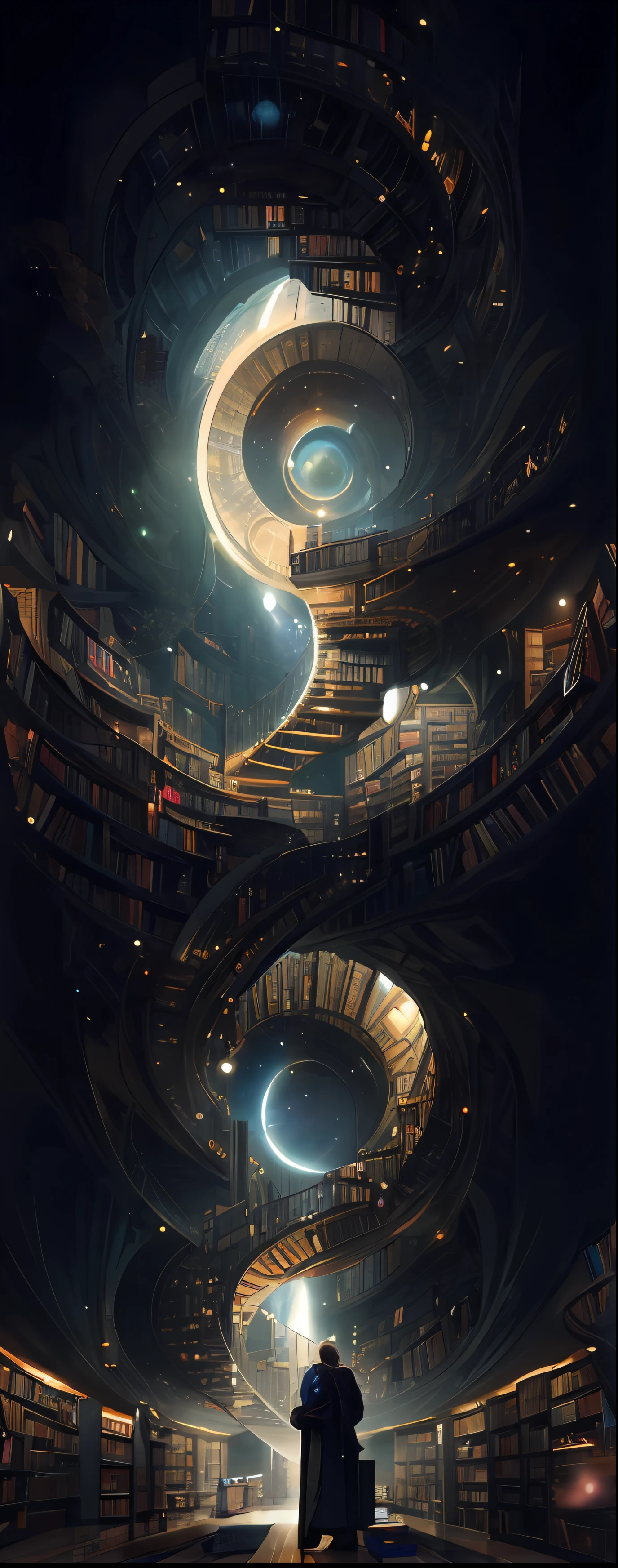 arafed image of a man standing in a library with books, endless books, borne space library artwork, books cave, fantasy book illustration, spiral shelves full of books, infinite celestial library, an eternal library, gothic epic library concept, magic library, japanese sci - fi books art, beeple and jean giraud, books all over the place