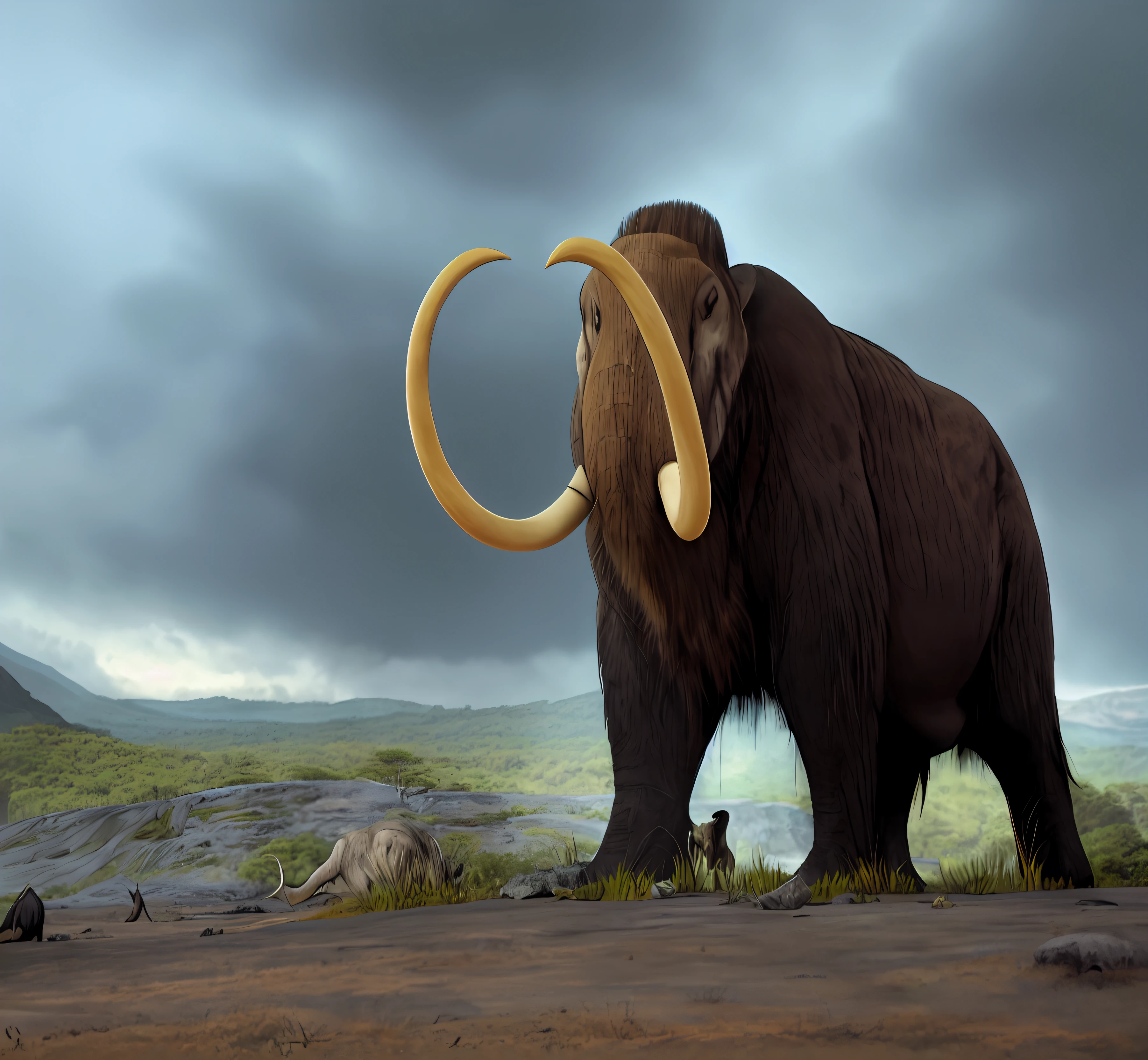 Araffe standing in a forestwith an overcast sky in the background, mamute, fotografia realista paleoart, Mamute dourado , Megafauna, presas enormes, extinct species, paleoarte realista, pre - historic, Image credit: nat geo, Presas, era glacial, uma foto de um elefante, prehistory, mastodonte, prehistoric