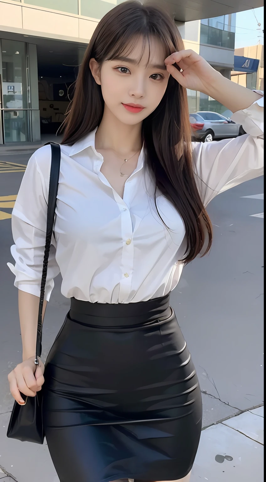 (1 Korean star with royal sister style), ((best quality, 8k, masterpiece: 1.3)), focus: 1.2, perfect body beauty: 1.4 , (funny expression), (city street: 1.3), highly detailed face and skin texture, fine eyes, double eyelids, whitening skin, (air bangs: 1.3), (round face: 1.5), (slim hip skirt: 1.4),