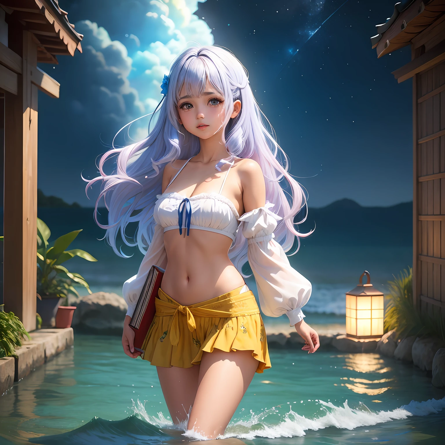 1menina, seios, lua, lanterna, noite, solo, seios grandes, ornamento de cabelo, molhado, quimono, roupas japonesas, wading, water, cabelo flor, flor, ao ar livre, heaven, lua cheia, chuva, cabelo loiro, fora do ombro, montanha, nuvem, segurando, ombros nus, standingn, quimono branco, night sky, sideboob, obi, roupas molhadas, franja, tree, de lado, reflexo, cabelo longo, clouded skies, cabelo molhado ((obra-prima), (extremamente detalhado CG unidade 8k papel de parede), melhor qualidade, , solo, 1girl, cinematic lighthing, fundo detalhado, belos olhos azuis detalhados, pupilas brilhantes, (um extremamente delicado e bonito), (description of beautiful and detailed eyes), ultra-detalhado, obra-prima,)),