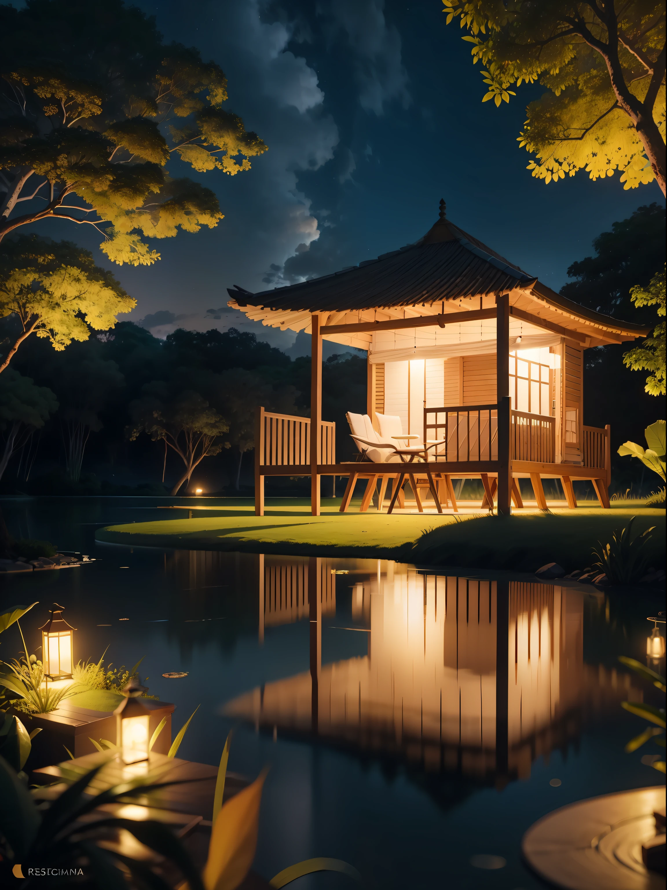 Cabana , lago , floresta a noite, com lua cheia, ultra realista