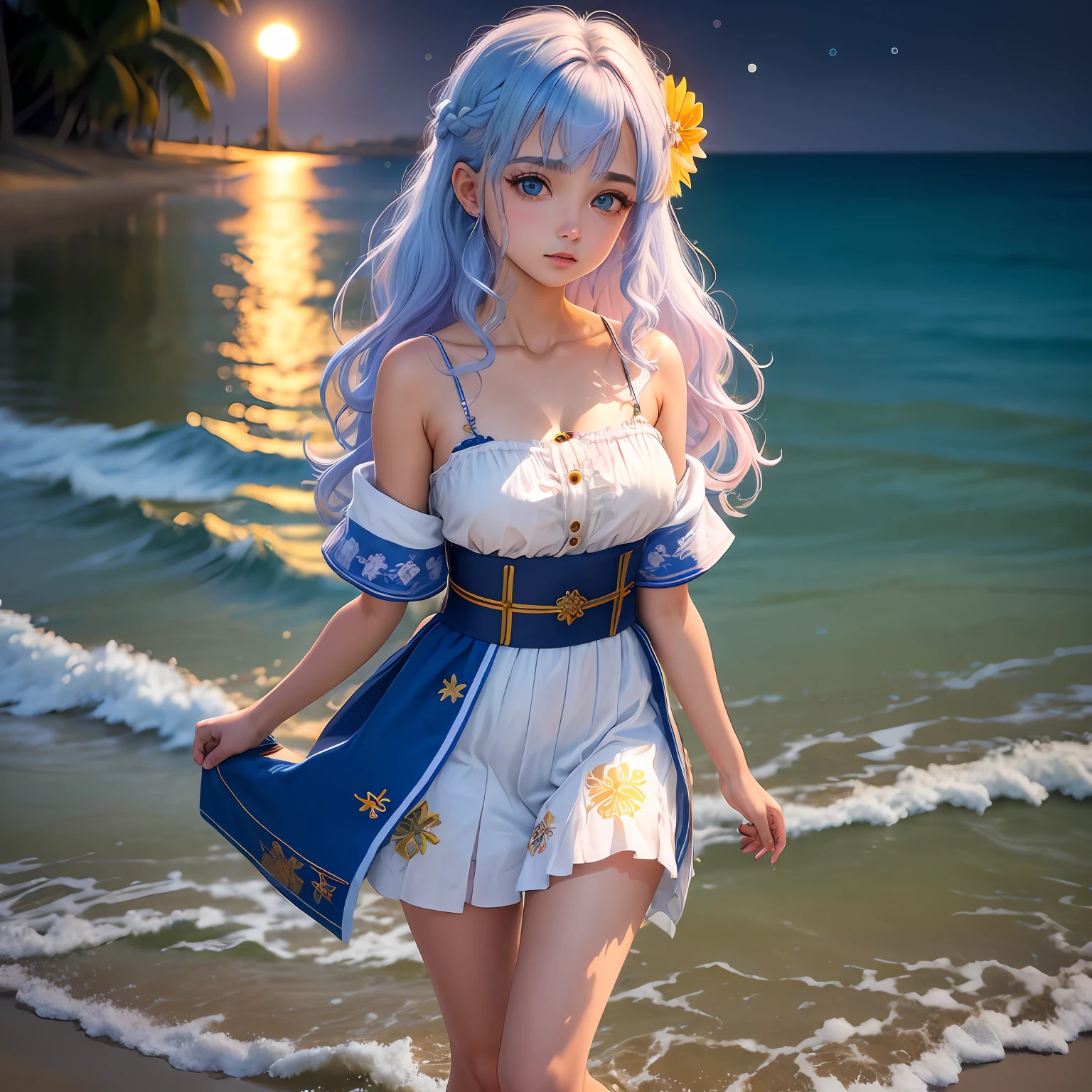 1menina, seios, lua, lanterna, noite, solo, seios grandes, ornamento de cabelo, molhado, quimono, roupas japonesas, wading, water, cabelo flor, flor, ao ar livre, heaven, lua cheia, chuva, cabelo loiro, fora do ombro, montanha, nuvem, segurando, ombros nus, standingn, quimono branco, night sky, sideboob, obi, roupas molhadas, franja, tree, de lado, reflexo, cabelo longo, clouded skies, cabelo molhado ((obra-prima), (extremamente detalhado CG unidade 8k papel de parede), melhor qualidade, , solo, 1girl, cinematic lighthing, fundo detalhado, belos olhos azuis detalhados, pupilas brilhantes, (um extremamente delicado e bonito), (description of beautiful and detailed eyes), ultra-detalhado, obra-prima,)),