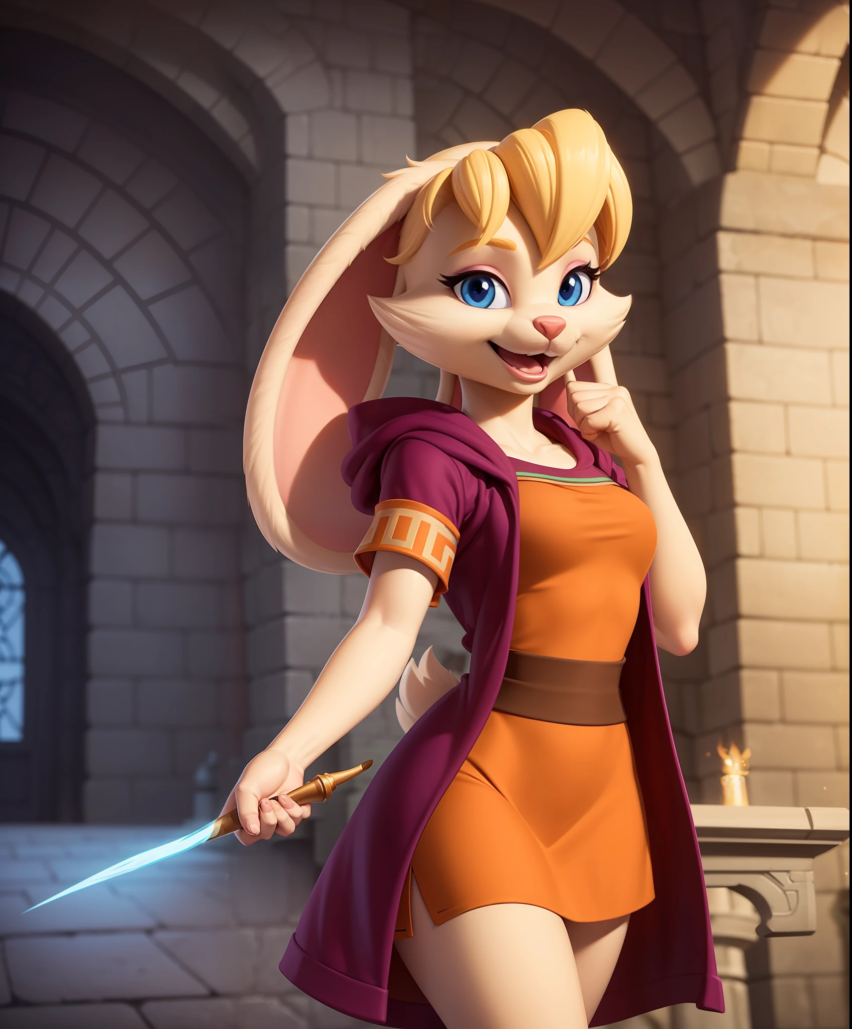 bianca, furry female anthro, rabbit girl, standing, portrait, short dress, hooded cloak, wand, solo, (body fur:1.2), (best quality), (magical castle great hall background:1.2), dramatic lighting, (detailed fluffy fur:1.1), looking at viewer, smile, short sleeves,