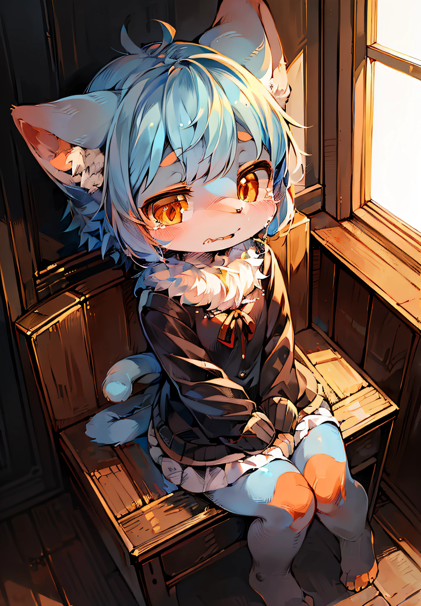 Masterpiece, High quality, 6 year old girl,absurd res, Digital painting \(artwork of a\), by Dagasi, Yupa,Kiyosan,(Fluffy fur:1.1),(Bright:0.8),anthro female cat. (Orange eyes,Gray-blue fur, Full body fur, Cat nose:1.2), Bright eyes,in a panoramic view,Character focus.Detailed background,(Nervous,Cover the bottom with your hands,head looking up,cry,Sit in the corner:1.2)