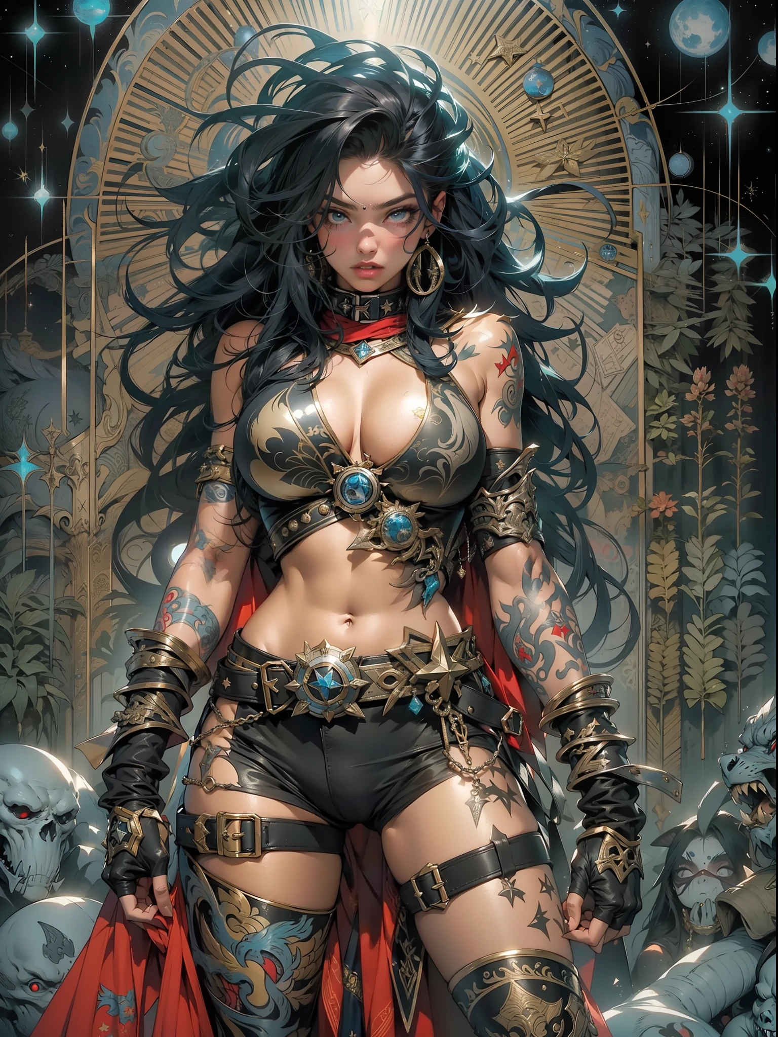 (((mulher))), (((melhor qualidade))), (((obra prima))), (((adulta))), Uma guerreira mulher de 35 anos com corpo perfeito, She-Lobo, (( under boobs )), quase nua no estilo selvagem urbano de Simon Bisley para a capa da revista Heavy Metal, cabelo loiro, Minimum clothing, armadura (vermelho escuro com estrelas brancas), cheio de pontas e rebites manchadas de tinta, tatuagem de estrelas de 5 pontas, (((corpo inteiro))), cabelo preto curto com franja branca cobrindo a testa