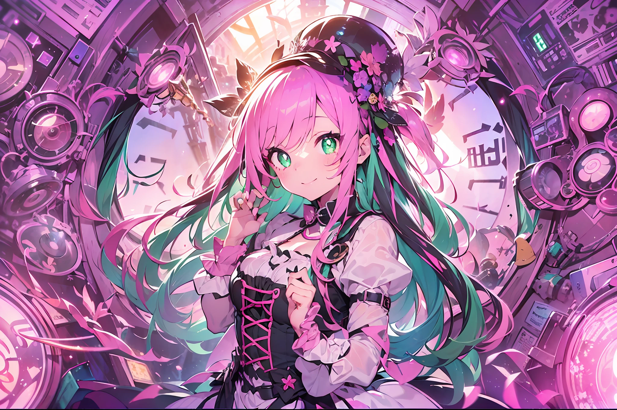 gear:2.Steam engines:2.wide Shots.Steampunk style:2.hour glass、gear:2、((masutepiece))),((ultra-detailliert,Best Quality, hight resolution)), (1 girl)((Pink hair, Long hair,Straight hair,two side up)) (Green eyes),eyeshadows, eye line,gloweyes, ultradetailed eyes, intricate eyes, Beautiful eyes, ((Glowing pink pupils))18-year-old girl、frilld.Smile .Hourglass background、Big hourglass.((High contrast RGB effect, LED effect, Kaleidoscope effect, Shining Effect, Ripple Effect, Glitter RGB effect)) A smile