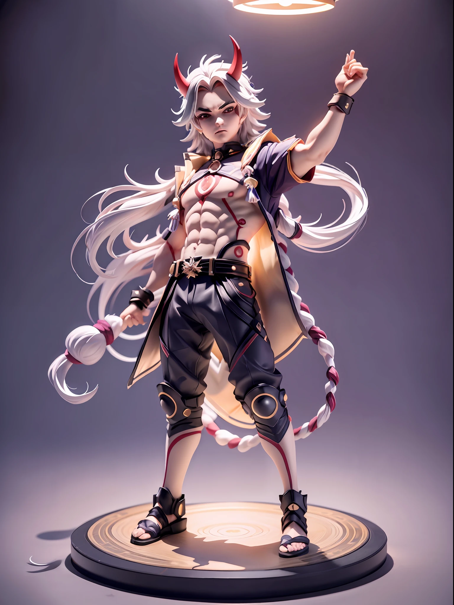(Blind box toy style:1.2), ((Full body shot:1.4)) ((anatomy correct)),((1boy, solo)),(masterpiece:1.3), head up angle,high quality, (SOLO:1.4), whole body, (arataki itto,genshin impact), black nails, arataki itto, red horns, solo, long white hair, long leg pants, dark clean background,((circular base:1.5))(Global illumination, Ray traching, hdr, unreal render,reasonable design, high detal, Masterpiece, Best quality, hyper HD, Cinematic lighting)