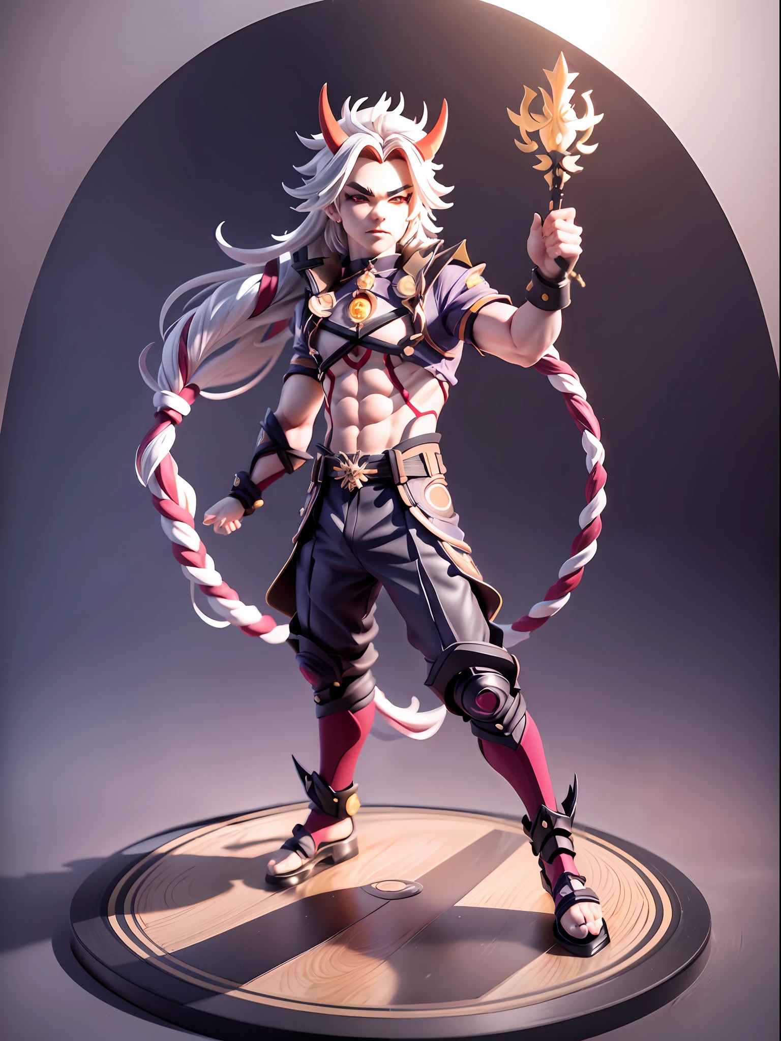 (Blind box toy style:1.2), ((Full body shot:1.4)) ((anatomy correct)),((1boy, solo)),(masterpiece:1.3), head up angle,high quality, (SOLO:1.4), whole body, (arataki itto,genshin impact), black nails, arataki itto, red horns, solo, long white hair, long leg pants, dark clean background,((circular base:1.5))(Global illumination, Ray traching, hdr, unreal render,reasonable design, high detal, Masterpiece, Best quality, hyper HD, Cinematic lighting)