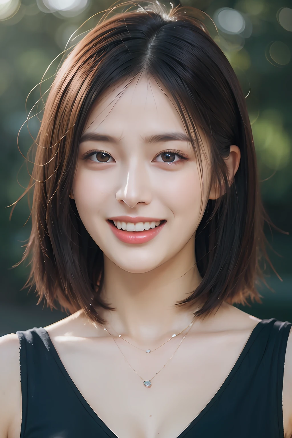 Dressed, (photographrealistic:1.4), (Hyper realistic:1.4), (Realistic:1.3), (Smoother lighting:1.05), (increase cinematic lighting quality:0.9), 32K, 1girl in,25-years old, Realistic lighting, Backlighting, Light on Face, raytrace, (Brightening light:1.2), (Increase quality:1.4), (Top quality real texture skins:1.4), finely detailed eyes, finerly detailed face, (tired and sleepy and joy:0), (Laugh:1.4), Black Suit,a necklace, (Increase body line mood:1.1), (Increase the beauty of skin texture:1.1)