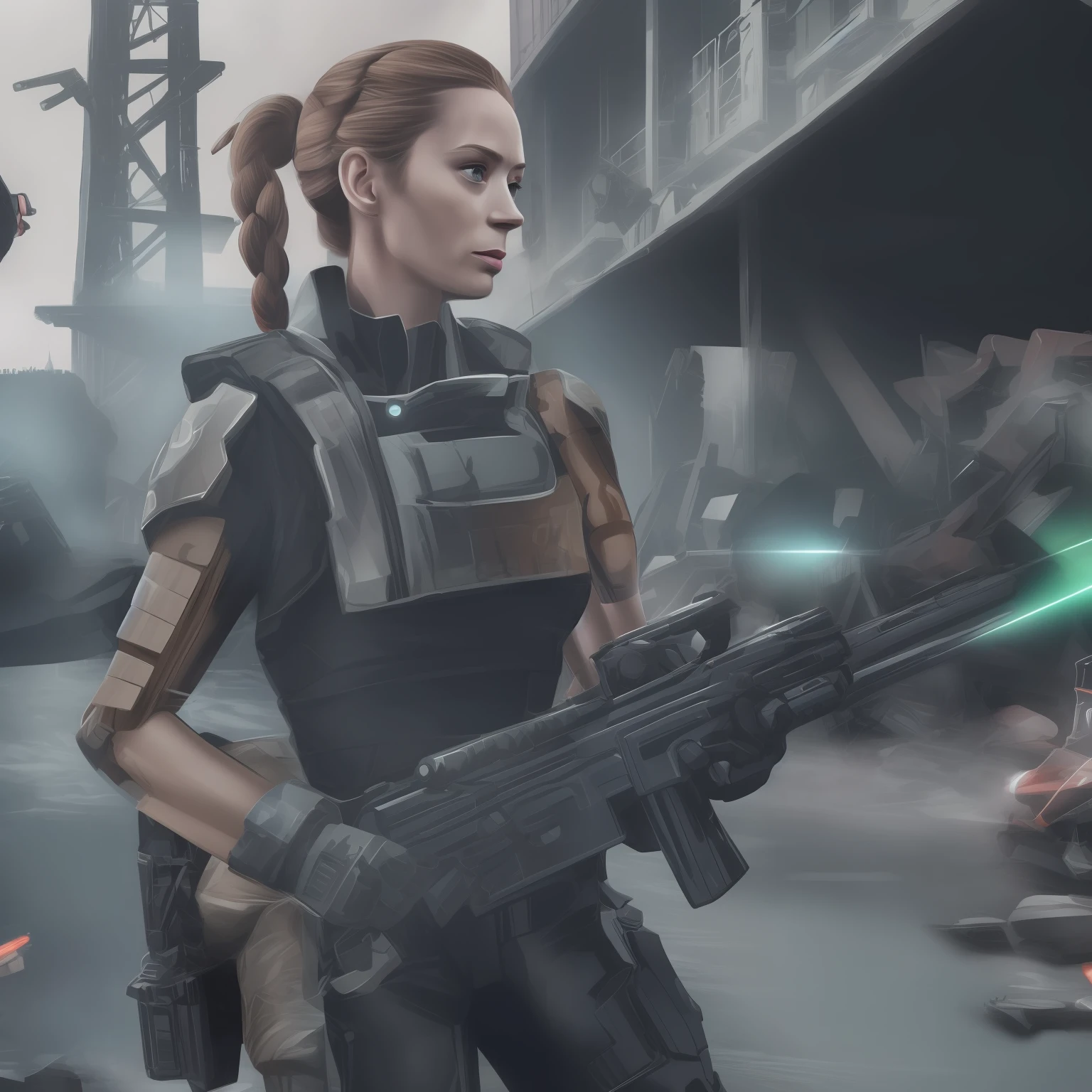 Emily Blunt (Dutch braided hair) in Evangelion armor behind a barricade, carrying a laser assault rifle in his hands, dinamic poses, olhar serio, Combates intensos, foto de corpo inteiro, Cyberpunk, mega tokyo, Fires and smoke, Nokia camera, modelshoot, corpo atletico, Post-apocalyptic Paris, Eiffel Tower destroyed