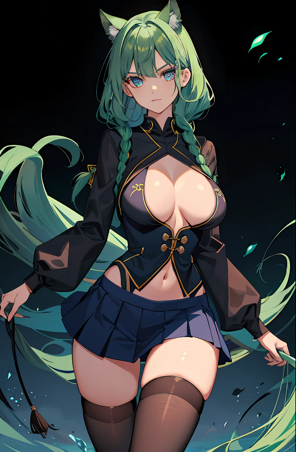 Kizi, highr, Concealed arm, Blue_and_Green hair, Detailed beautiful eyes, blacksilk,High Root,Royal sister,navy blue eyes, evilsmile, medium boob, Open navel,Big breasts Thin waist,medium thigh, 校服, Japan School Uniform,JK school uniform,Long black stockings, Detailed clothes, tmasterpiece