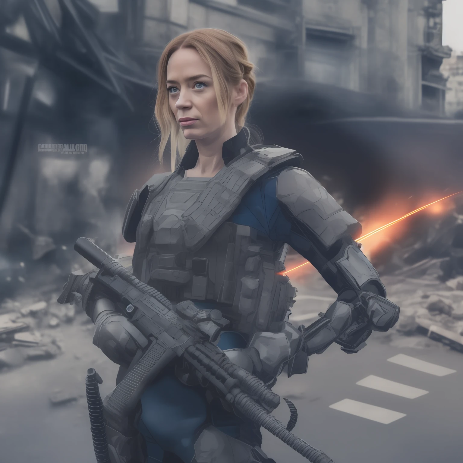 Emily Blunt (Dutch braided hair) in Evangelion armor behind a barricade, carrying a laser assault rifle in his hands, dinamic poses, olhar serio, Combates intensos, foto de corpo inteiro, Cyberpunk, mega tokyo, Fires and smoke, Nokia camera, modelshoot, corpo atletico, Post-apocalyptic Paris, Eiffel Tower destroyed