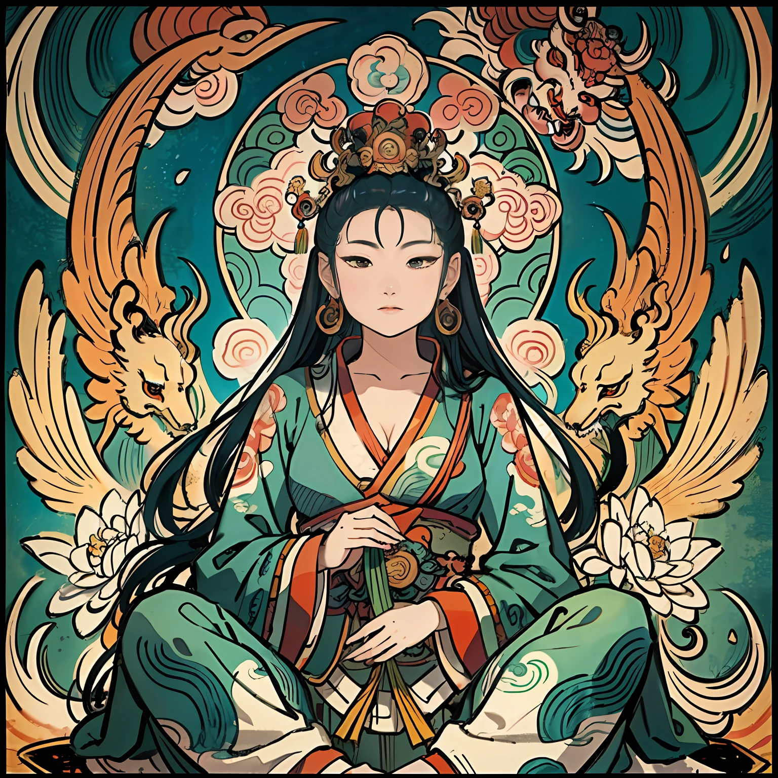 an ancient Chinese goddess, guanyin of the southern seas, Guanyin, Inspired by India, Avalokiteshvara rides a phoenix，,Serene expression,shui mo hua,Buddha,Buddhist,Lotus,Chinese painting style,Thangka style