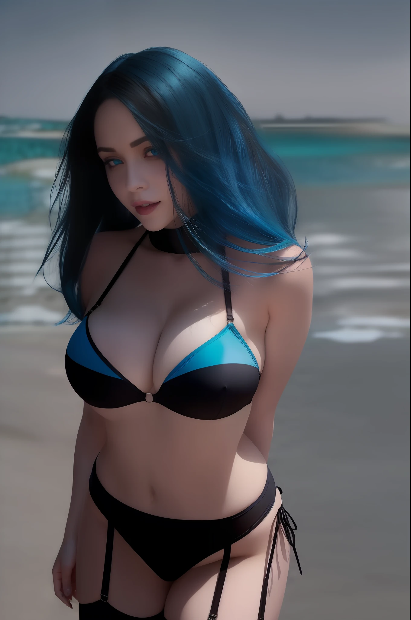 (rear view:1.3) (spoiled:1),(beady big shining blue eyes:1.3), ( black bikini:1.5),(drooping eyes:1.4), (beautiful beach:1.9), (thin lips:1.5),(big breasts:1.5),round face,(innocent:1.5),(blue hair:1.5), (looking at viewer:1),(smiling:1.3),(happy:1.2),lovely,( black garter belt:1.5),(1girl),(open mouth:1.4),(delicate touch),(8k),(4k),(absurdres),perfect lighting,charming,realistic, (sexy pose:1.2), alluring, clean, beautiful face, pure face,pale skin,wet, sweat, Occidental face