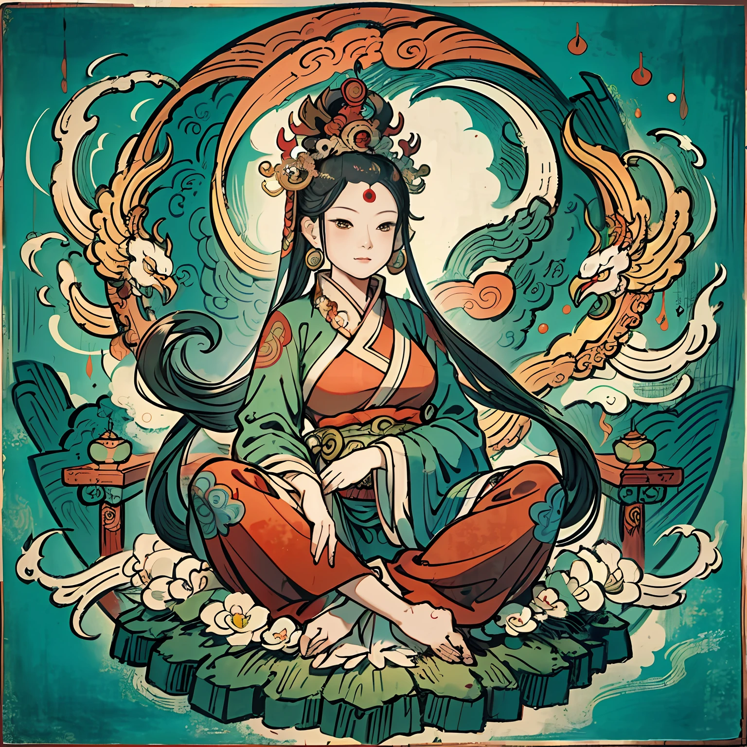 an ancient Chinese goddess, guanyin of the southern seas, Guanyin, Inspired by India, Avalokiteshvara rides a phoenix，,Serene expression,shui mo hua,Buddha,Buddhist,Lotus,Chinese painting style,Thangka style