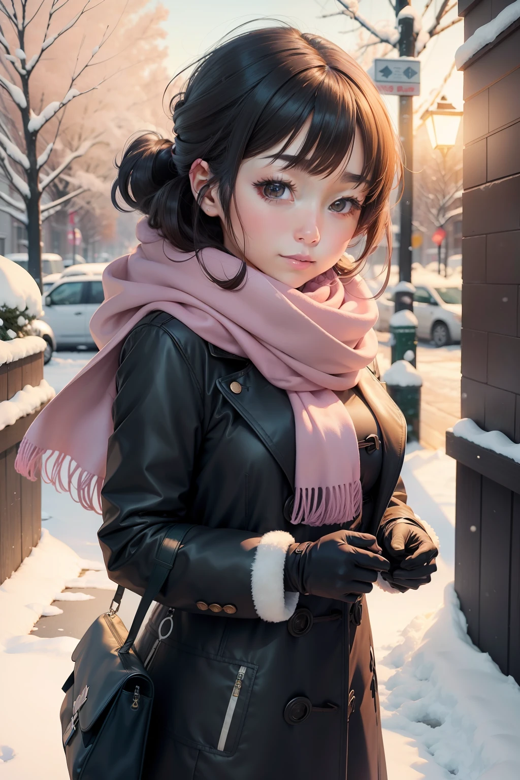 Anime girl in winter coat with scarf and gloves, inspired by Yuki Ogura, charming anime girls, In an anime style, inspired by Tsubasa Nakai, inspired by Rei Kamoi, marin kitagawa fanart, an anime girl, inspired by Takehisa Yumeji, pretty anime girl, anime style portrait, anime style character