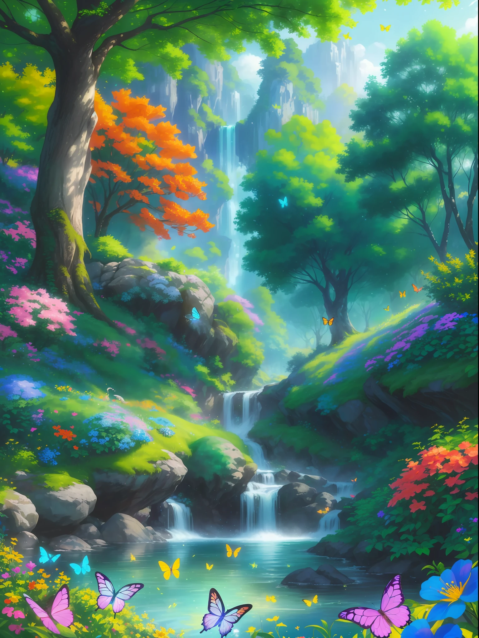 masterpiece, best quality, high quality, extremely detailed cg unity 8k wallpaper, )an extremely colorful and purely fantasy environment with vibrant hues and a bright sky), landscape of bright green grass, colorful trees, glittering fruits, and bright blue flowers, (the streams are a deep shade of blue green), and the air is filled with sweet exotic scents, (the environment appears to be taken out of a dream), with luminescent butterflies and giant colorful birds flying around, award winning photography, bokeh, depth of field, hdr, bloom, chromatic aberration, photorealistic:1.3, extremely detailed, trending on artstation, trending on cgsociety, intricate, high detail, dramatic, art by midjourney,