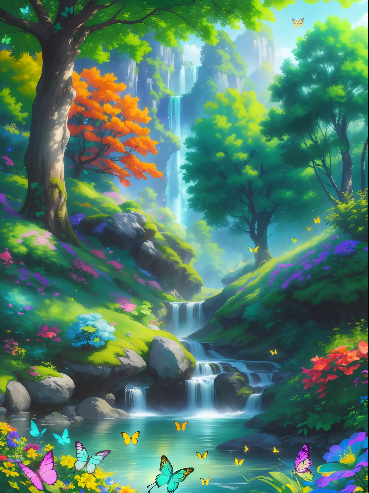 masterpiece, best quality, high quality, extremely detailed cg unity 8k wallpaper, )an extremely colorful and purely fantasy environment with vibrant hues and a bright sky), landscape of bright green grass, colorful trees, glittering fruits, and bright blue flowers, (the streams are a deep shade of blue green), and the air is filled with sweet exotic scents, (the environment appears to be taken out of a dream), with luminescent butterflies and giant colorful birds flying around, award winning photography, bokeh, depth of field, hdr, bloom, chromatic aberration, photorealistic:1.3, extremely detailed, trending on artstation, trending on cgsociety, intricate, high detail, dramatic, art by midjourney,