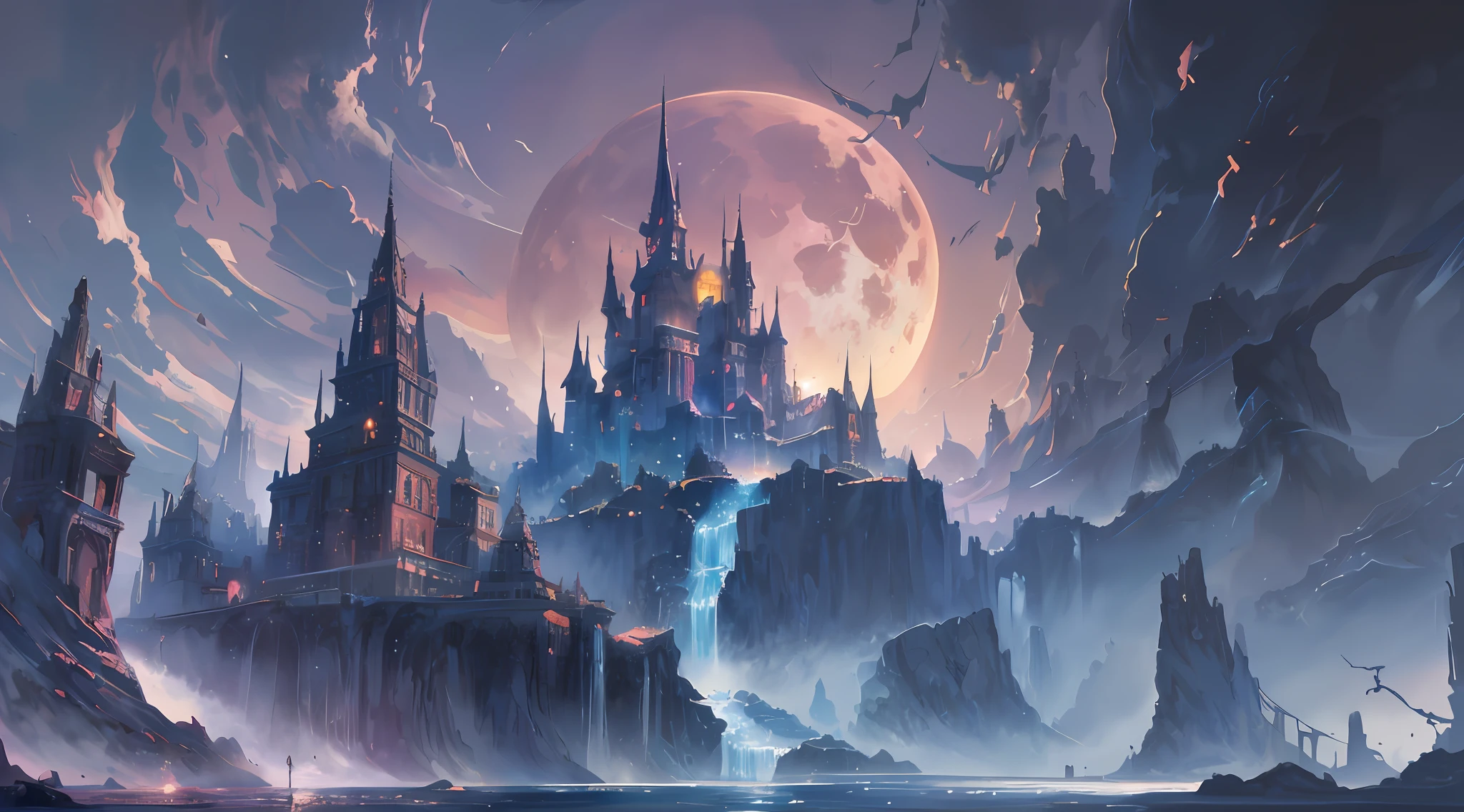 a painting of a river with a full moon in the background, digital art inspired by Andreas Rocha, pixiv contest winner, fantasy art, magical landscape, magical environment, beautiful anime scenery, detailed dreamscape, beautiful anime scene, night scenery, magical dream-like atmosphere, moonlit starry sky environment, anime landscape wallpaper, anime background art, painting of a dreamscape, Surrealism, high detail, from below, from below, Hyperrealism, Impressionism, anime, UHD, award winning, 4K, anatomically correct, super detail, best quality, highres, high quality, masterpiece