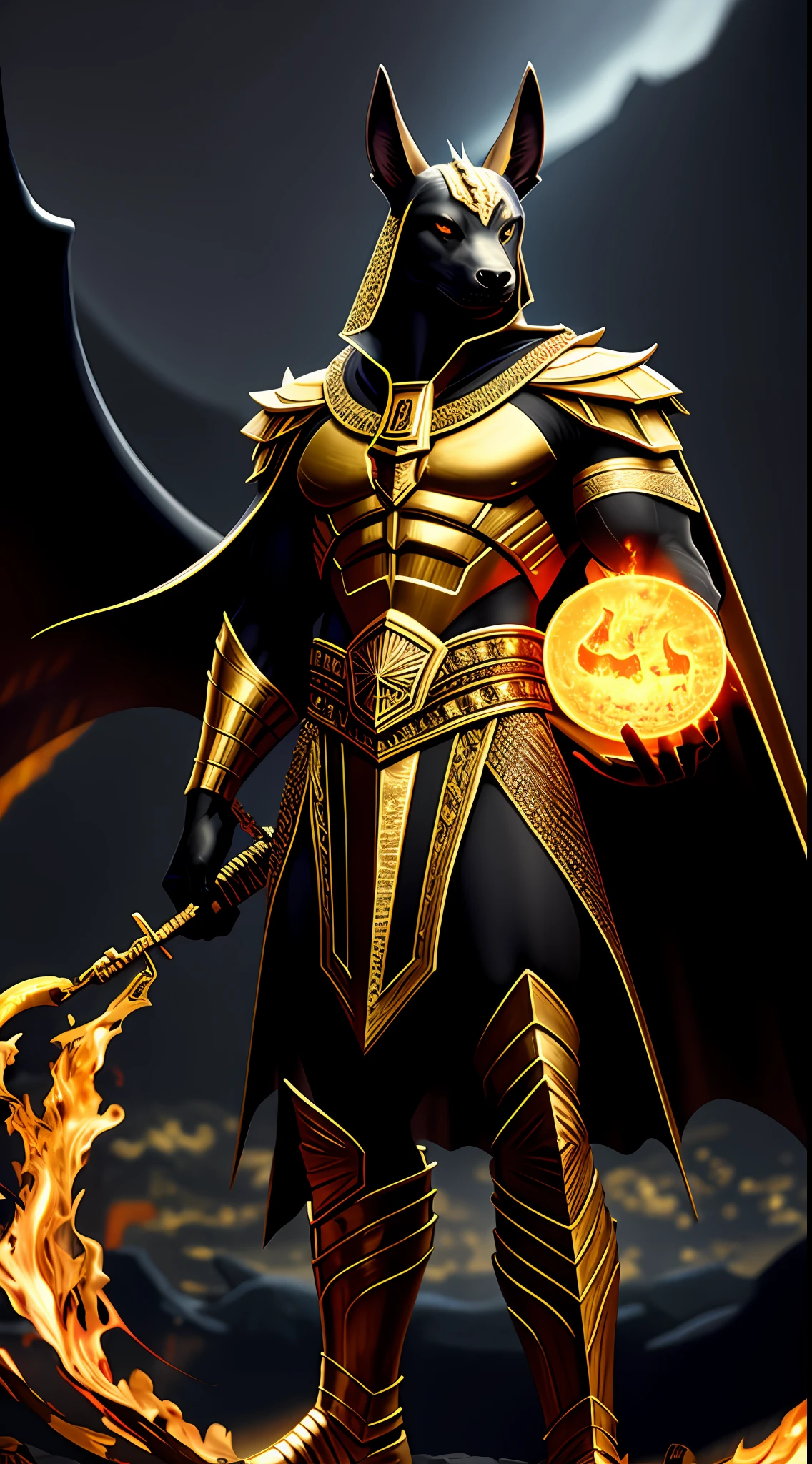 (high quality), photorealistic, (oil painting)
jewelry, (solo),
(dynamic pose), towards right, ((hell gate)), fire, hell landscape, (the underworld), (dark landscape),
anubis, egyptian jackal headed god, anthro, muscular, (holding golden scales), dynamic pose, cinematic, dramatic camera angle, golden armor:0.25, black & gold cape, (good anatomy), (good proportions), award winning, masterpiece, centered,