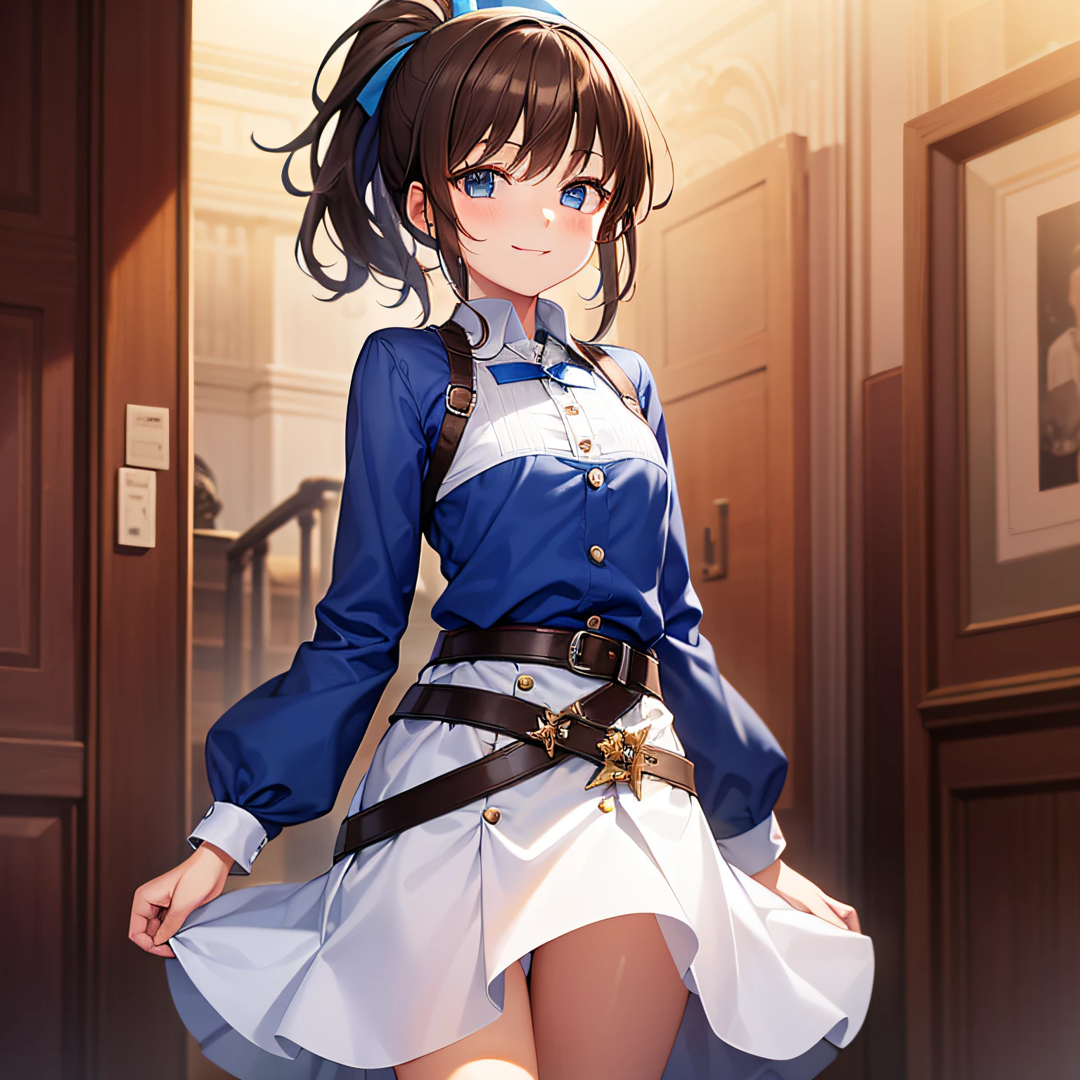 top quality, very delicate and beautiful, girl, 11 years old, (dark brown hair), blue clothes with vertical buttons, belt at the waist, white skirt, (ponytail)), (white hair band), (brown boots), blue eyes, standing, smile,
