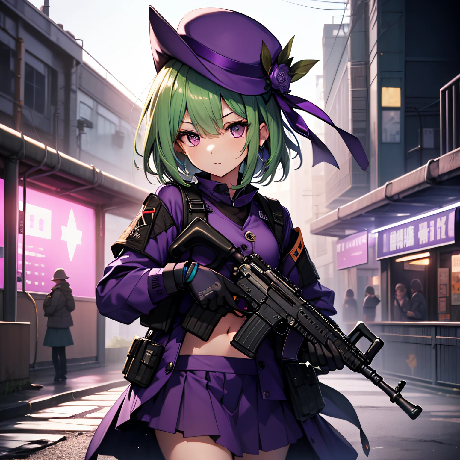 top-quality、extremely delicate and beautiful、(A teenage girl)、Purple Eye、Green hair、short-haired、(Purple pointy hat)、Purple tie、Soio、shortsleeves、Purple skirt、Navel,Tactical Vest、shortsleeves、Purple skirt、((Holding a submachine gun in both hands))、Midnight background、is standing