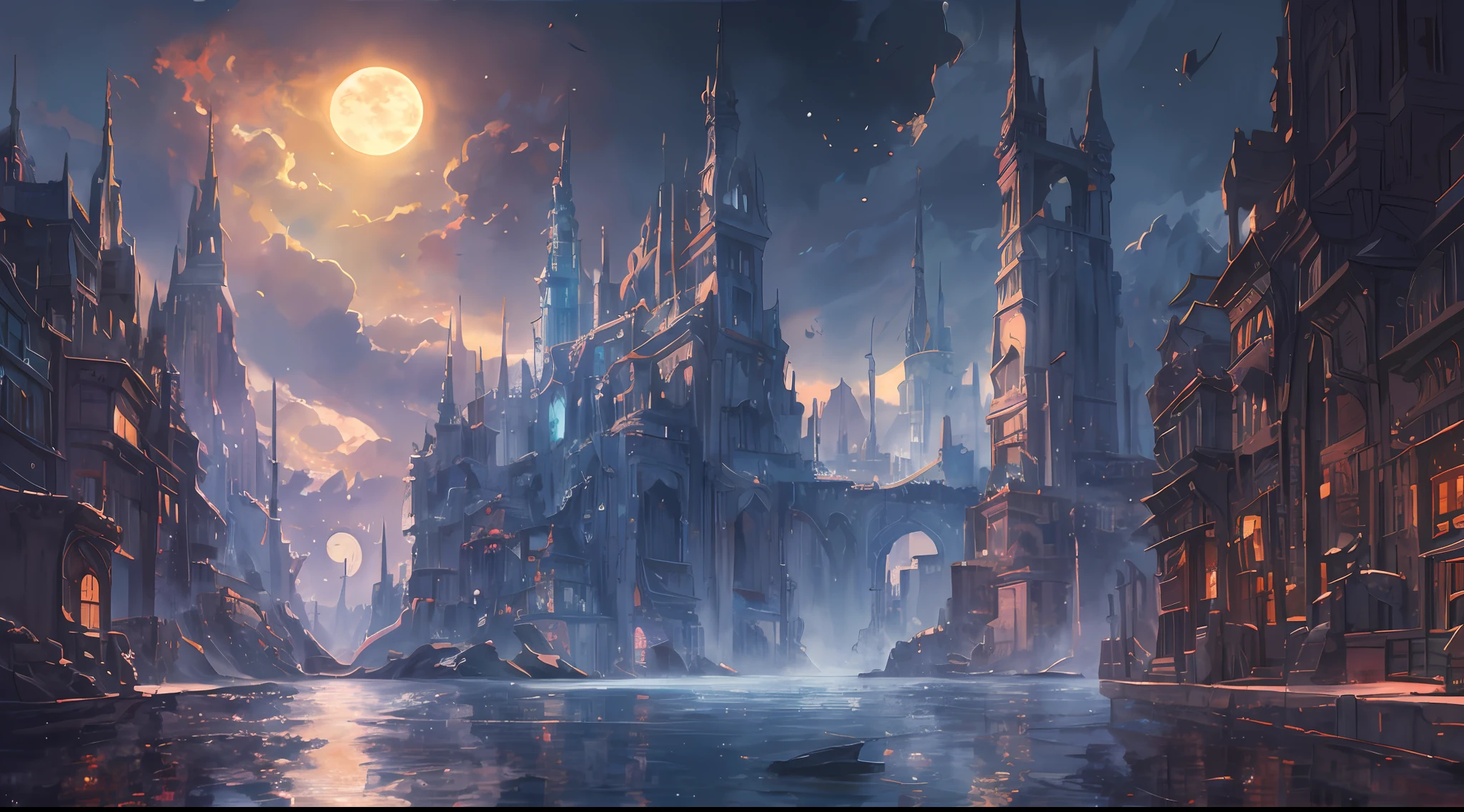 a painting of a river with a full moon in the background, digital art inspired by Andreas Rocha, pixiv contest winner, fantasy art, magical landscape, magical environment, beautiful anime scenery, detailed dreamscape, beautiful anime scene, night scenery, magical dream-like atmosphere, moonlit starry sky environment, anime landscape wallpaper, anime background art, painting of a dreamscape, Surrealism, high detail, from below, from below, Hyperrealism, Impressionism, anime, UHD, award winning, 4K, anatomically correct, super detail, best quality, highres, high quality, masterpiece