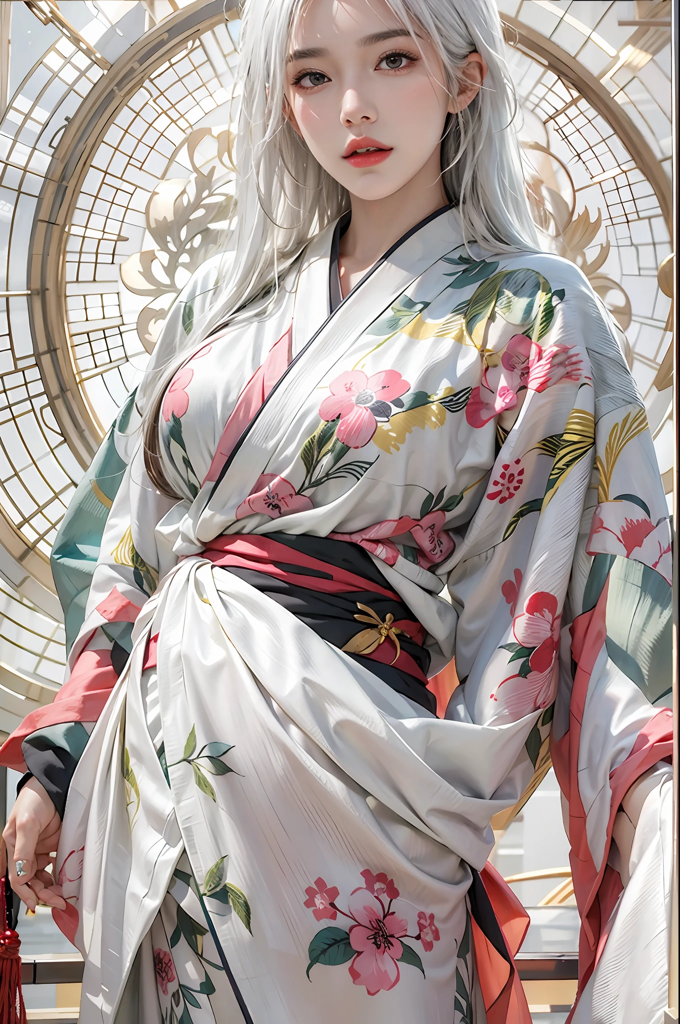 photorealistic, high resolution, 1women, solo, hips up, look at viewer, (detailed face), white hair, kimono, tattoo, jewelry